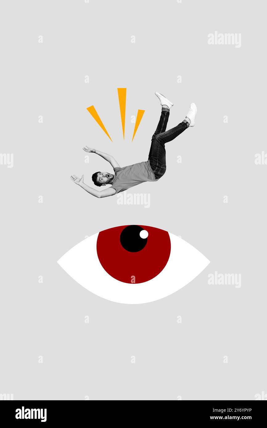 Vertical creative art collage of astonished man fall eyeball ...
