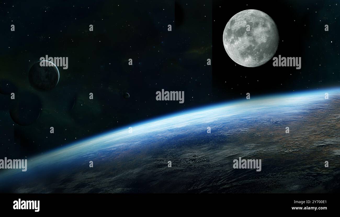 View of the Moon and the Earth's horizon in outer space with other ...