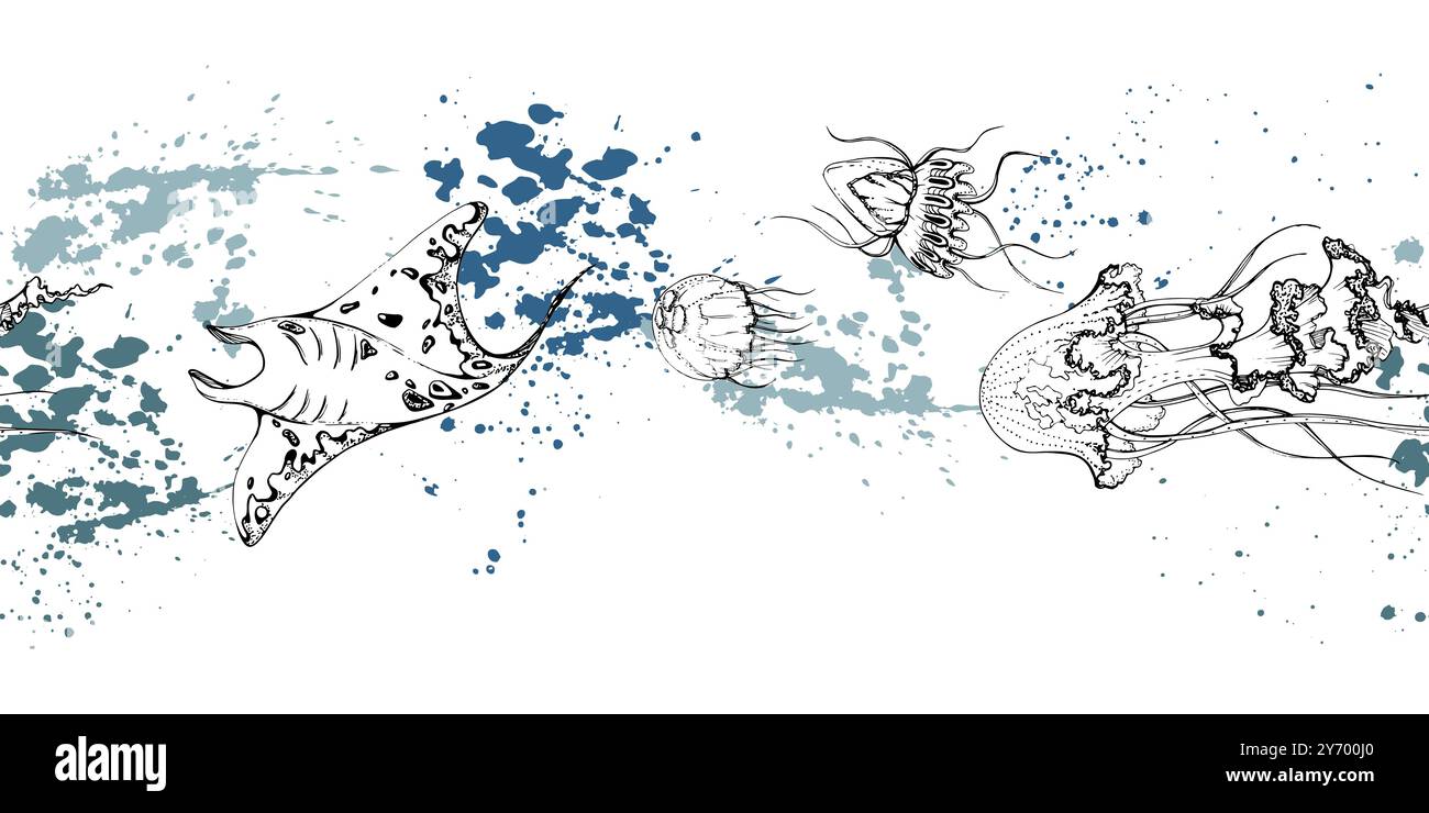 Marine life, sea ocean underwater creatures fish, shells algae seaweed, Ink and pen sketch hand drawn. Seamless banner illustration, stylized Stock Vector