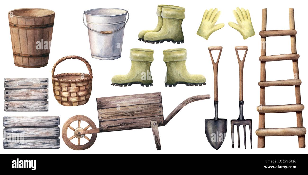 A big set of gardening tools and equipment such as wooden wheelbarrow ...