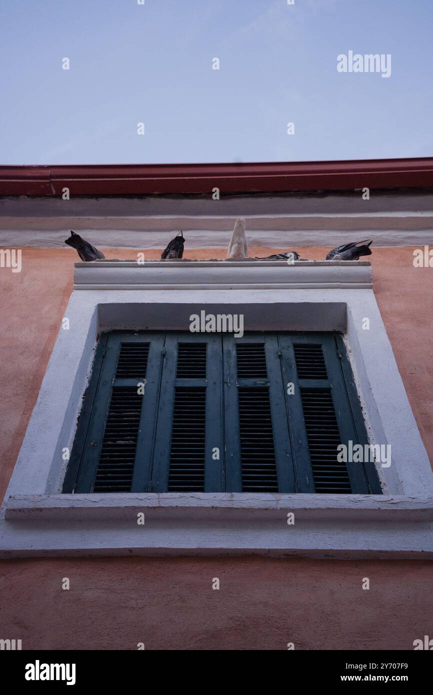 Vintage Fenster mit Tauben auf dem Sims. Lefkimmi, Korfu, Griechenland. Mediterrane Architektur in Pastellfarben. Klarer Abend Himmel im Sommer. Sony. Stock Photo