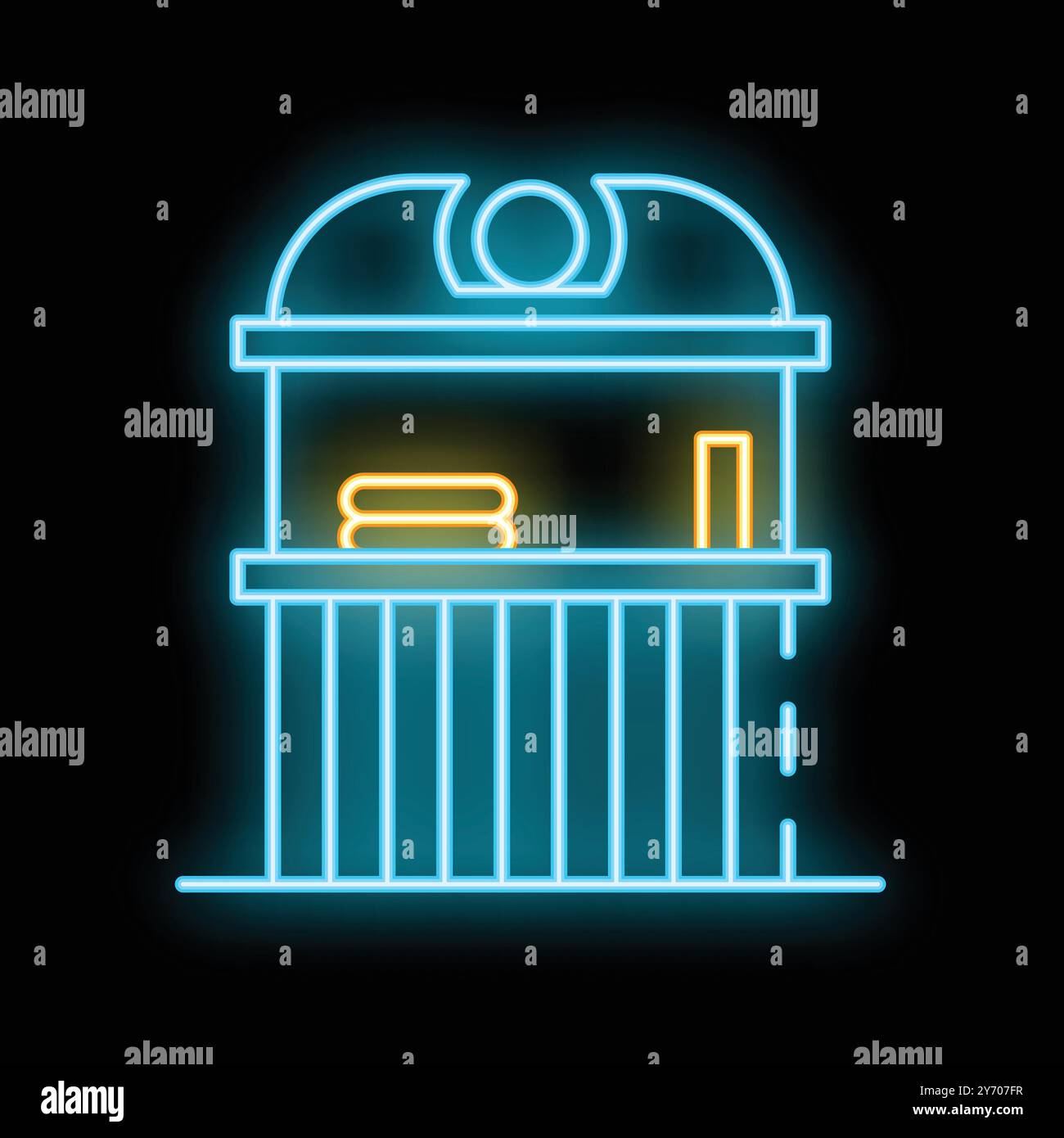 Glowing neon line street stall with awning and wooden rack icon ...