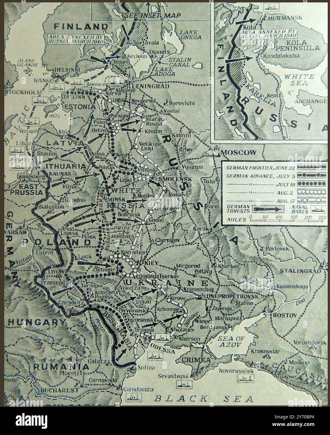 WWII - A map of the Eastern front in 1941 -   Seconde Guerre mondiale - Une carte du front de l'Est en 1941 - Zweiter Weltkrieg - Eine Karte der Ostfront im Jahr 1941 -Вторая мировая война - Карта Восточного фронта в 1941 году - Вторая мировая война - Карта Восточного фронта в 1941 году - Вторая мировая война - Карта Восточного фронта в 1941 году - Stock Photo