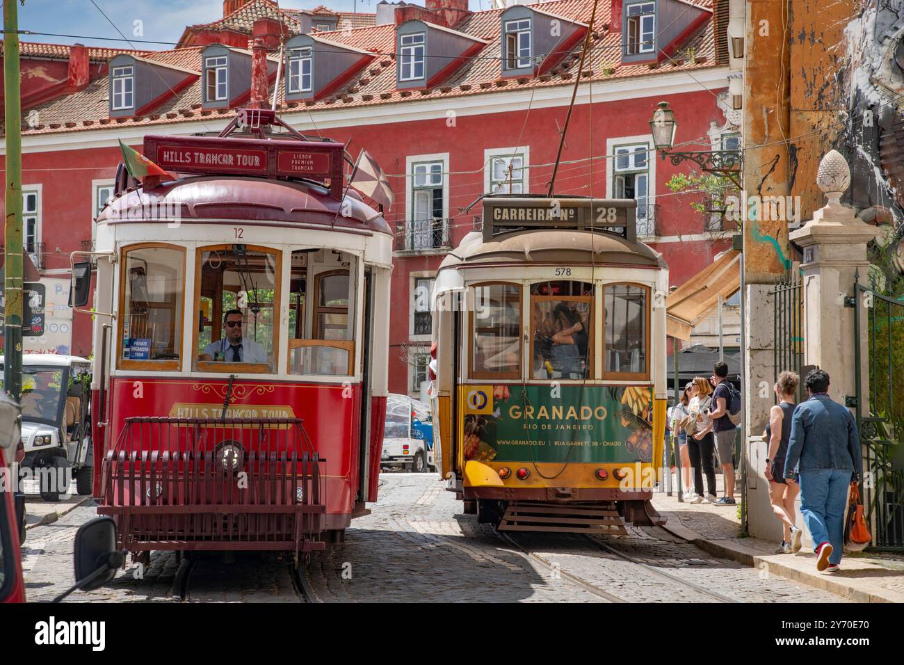 The Lisbon tram on the streets of Alfama, Lisbon, Portugal Stock Photo
