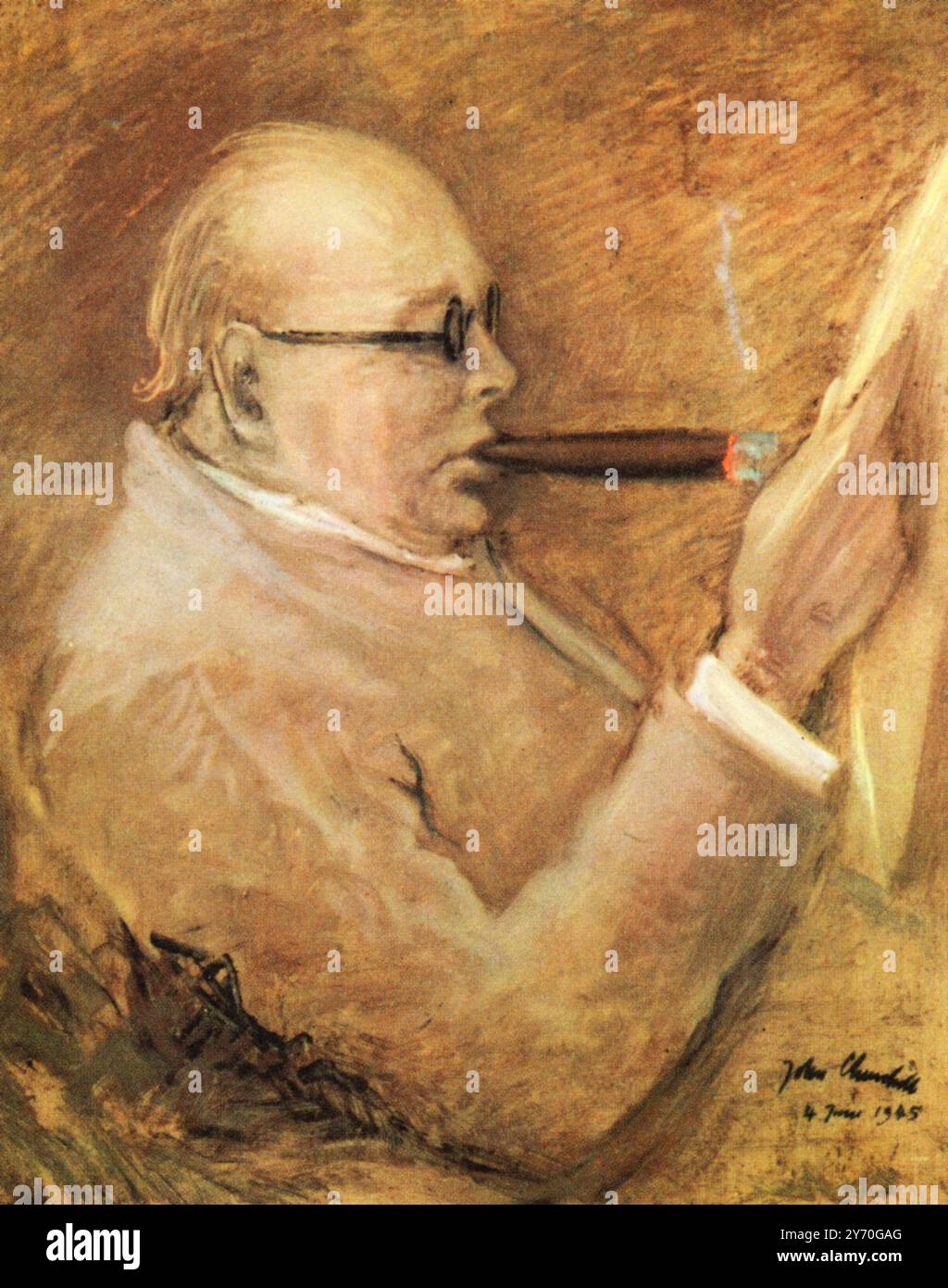 Winston Churchill After Broadcasting an Election Speech, June 1945. By Major John Strange Spencer-Churchill (1880-1947). Sir Winston Leonard Spencer-Churchill (1874-1965), British politician, army officer, and writer. Churchill was Prime Minister of the United Kingdom from 1940 to 1945, when he led Britain to victory in the Second World War, and again from 1951 to 1955. Stock Photo
