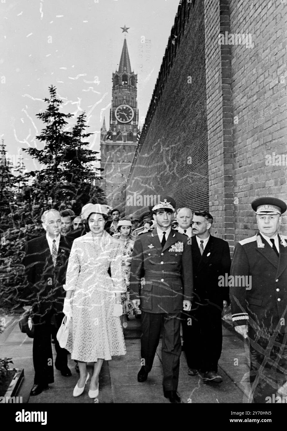 The Shah of Persia and Queen Soraya walking beside the Kremlin in Red Square , Moscow . The Royal couple are on a two week visit to the Soviet Union . 4 July 1956 Stock Photo