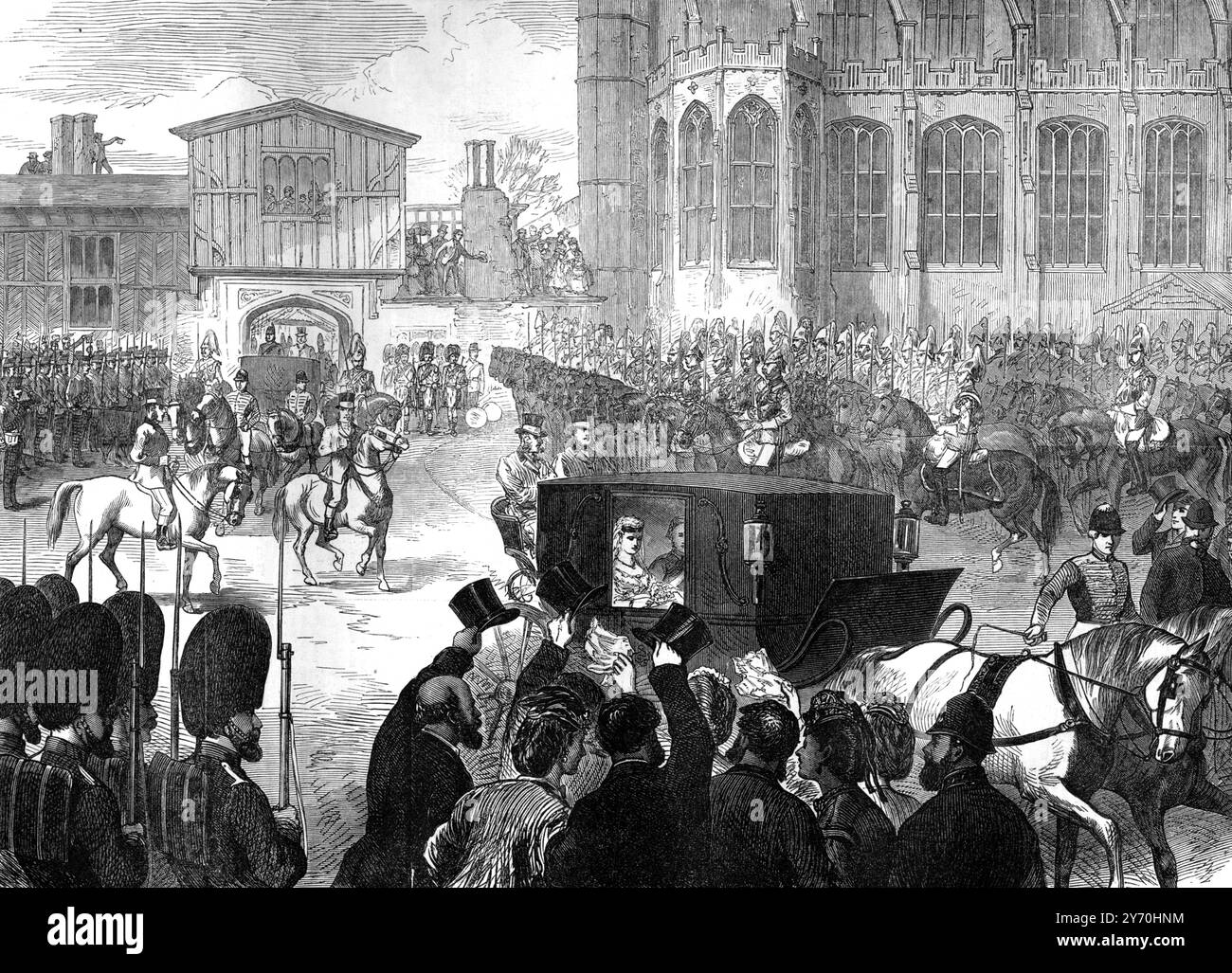 Royal wedding of Princess Louise and John Campbell , Marquis  of Lorne on 21 March 1871 Leaving St George's Chapel , Windsor    Princess Louise, Duchess of Argyll, VA, CI, GCVO, GBE, RRC, GCStJ (Louise Caroline Alberta; 18 March 1848 - 3 December 1939) was the sixth child and fourth daughter of Queen Victoria and Prince Albert.  John George Edward Henry Douglas Sutherland Campbell, 9th Duke of Argyll, KG, KT, GCMG, GCVO, VD, PC (6 August 1845 - 2 May 1914), usually better known by the courtesy title Marquess of Lorne, by which he was known between 1847 and 1900, was a British nobleman and was Stock Photo