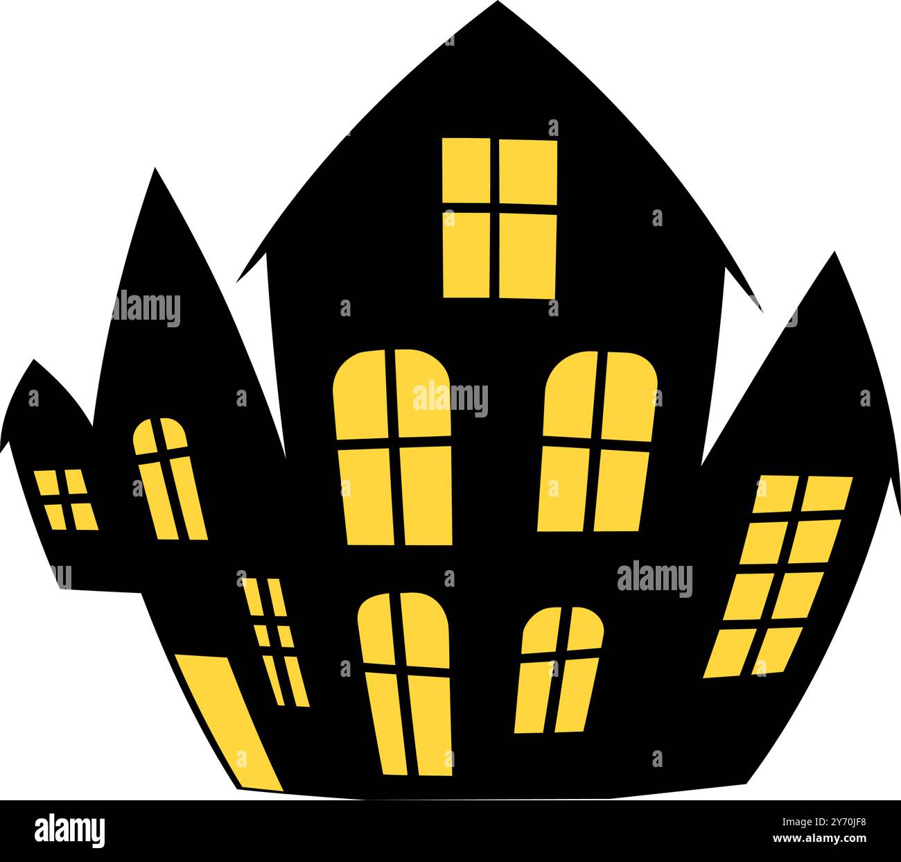 A spooky silhouette of a haunted house with yellow glowing windows. Ghostly house on All Hallows Eve for Halloween design. Perfect for use in party in Stock Vector
