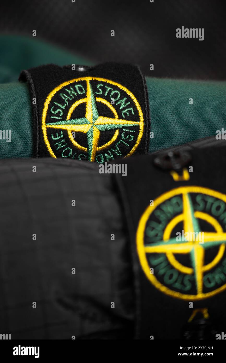 Nice, France - July 27th, 2024: Two items from the Stone Island brand ...