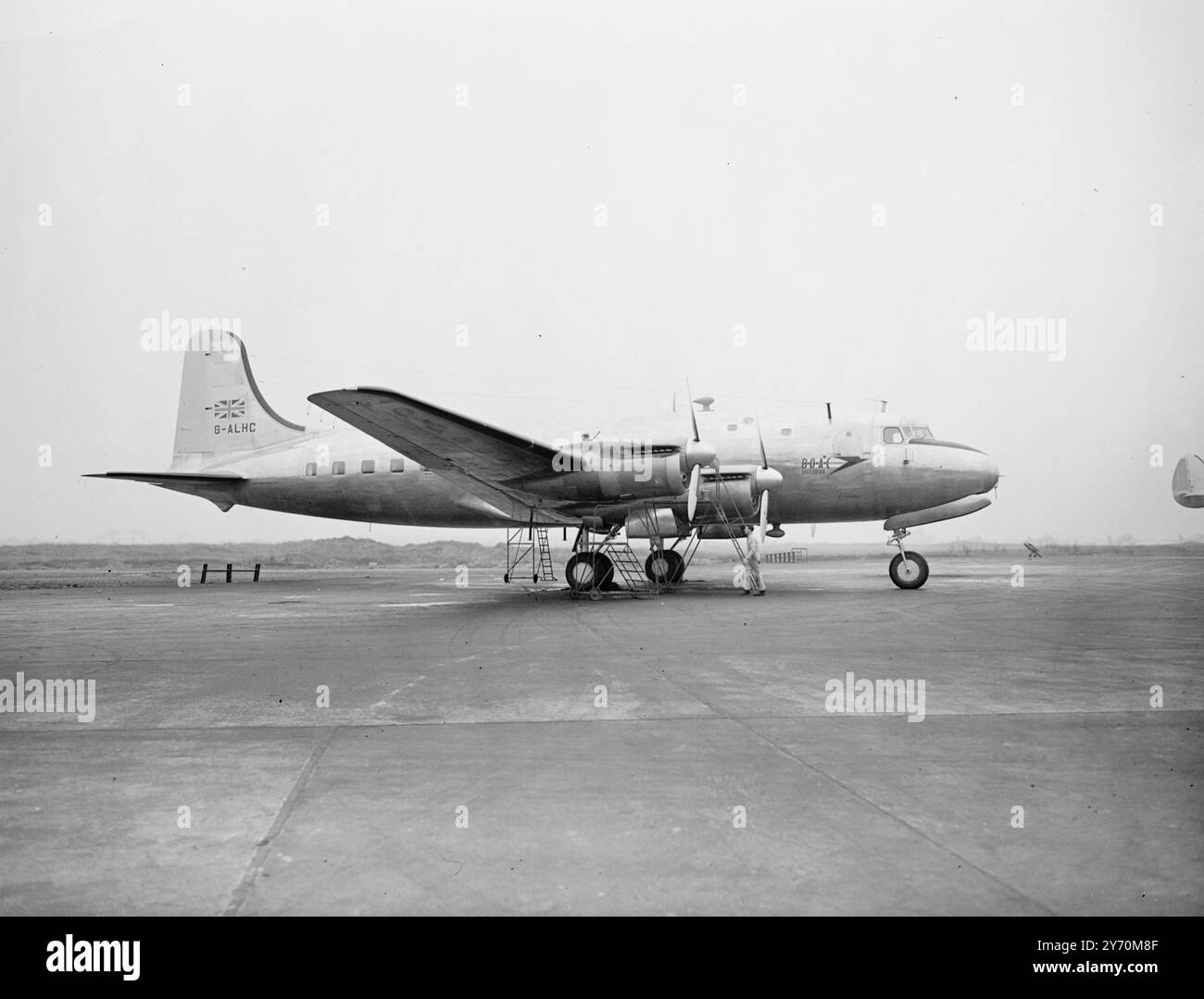 FIRST CANADAIR LINER IS HERE - TWO MONTHS EARLY .   First of the 22 Canadair IV airliners ordered by British Oversees Airways Corporation has arrived at London Airport from Canada for delivery . It is two months ahead of Schedule .  Such rapid progress is being made with the machines at the Canadair factory outside Montreal that it is expected the complete order will be delivered ahead of the contra date .   About a fifth of the equipment for the machine , including the Rolls Royce engines , is being supplied from Britain .   Total cost of the aircraft and spares is between four and five milli Stock Photo