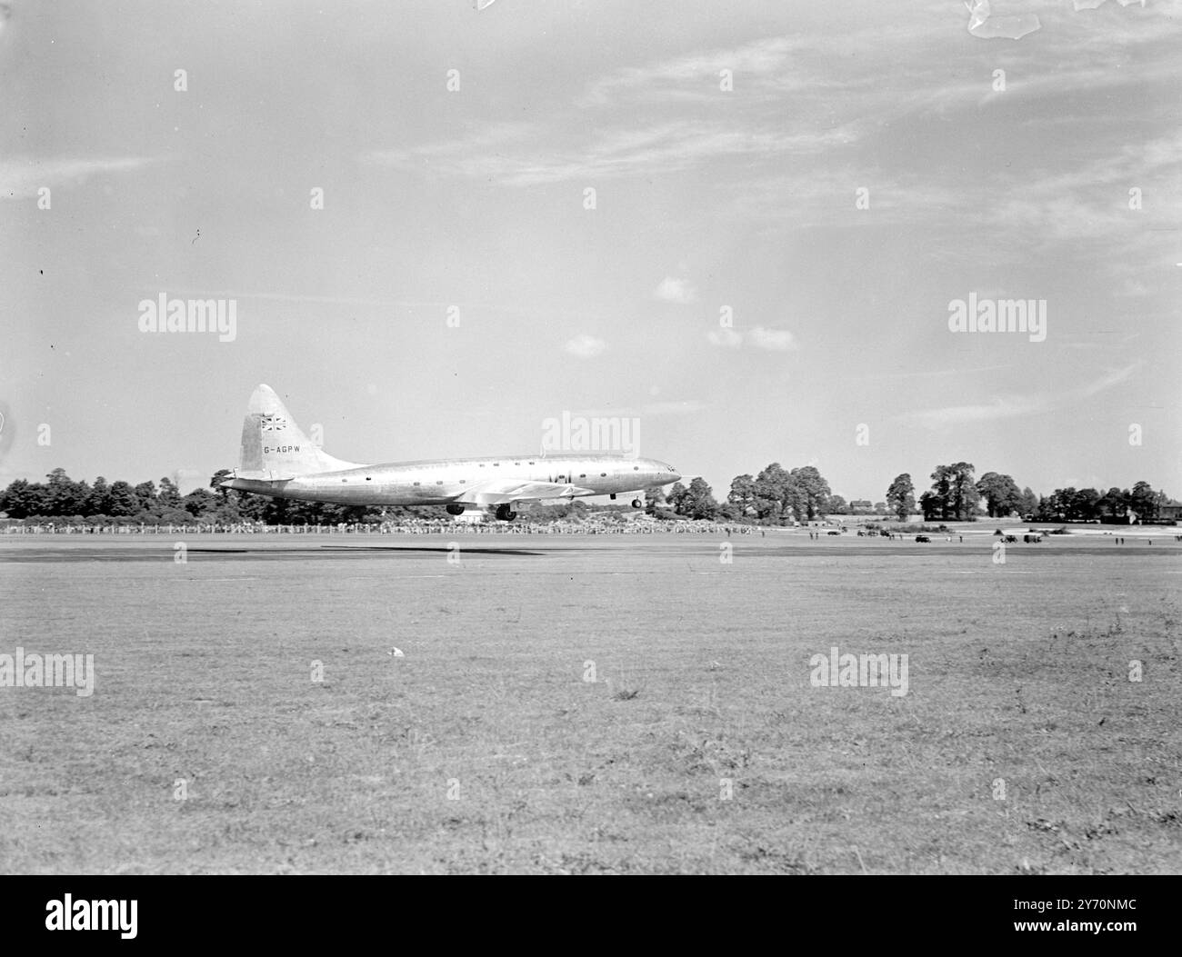 BRABAZON FLIES FOR FIRST TIME-CROSSED OVER BRISTOL CENTRE   The 130-ton Brabazon 1, world's biggest civil landplane , flew for the first time today .  Cheers rose from the thousands of people gathered round the airfield at Filton , Bristol , as they watched the monster plane become airborne at five minuets past noon on return from her first taxi-trip up the 3,000yards runway . Officials and mechanics joyously congratulated each other as they Brabazon rose to about 500 feet and made for Bristol , where she crossed over the city centre . For them it was the culmination of years of planning and l Stock Photo