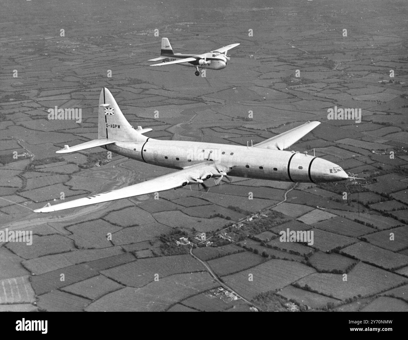 BRABAZON FLIES FOR FIRST TIME-CROSSED OVER BRISTOL CENTRE   The 130-ton Brabazon 1, world's biggest civil landplane , flew for the first time today .  Cheers rose from the thousands of people gathered round the airfield at Filton , Bristol , as they watched the monster plane become airborne at five minuets past noon on return from her first taxi-trip up the 3,000yards runway . Officials and mechanics joyously congratulated each other as they Brabazon rose to about 500 feet and made for Bristol , where she crossed over the city centre . For them it was the culmination of years of planning and l Stock Photo