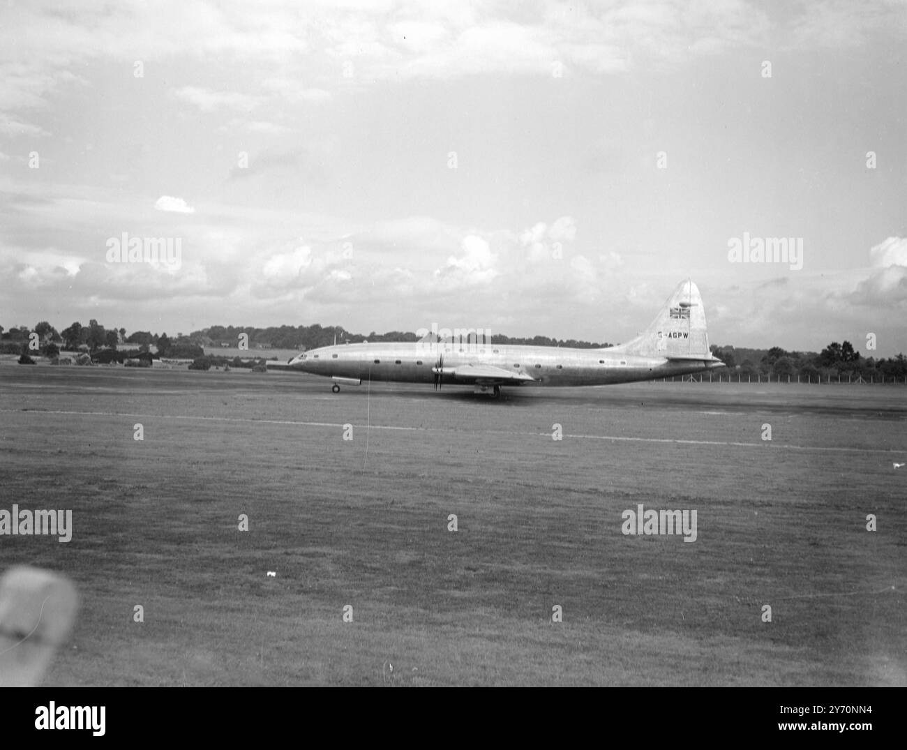 BRABAZON FLIES FOR FIRST TIME-CROSSED OVER BRISTOL CENTRE   The 130-ton Brabazon 1, world's biggest civil landplane , flew for the first time today .  Cheers rose from the thousands of people gathered round the airfield at Filton , Bristol , as they watched the monster plane become airborne at five minuets past noon on return from her first taxi-trip up the 3,000yards runway . Officials and mechanics joyously congratulated each other as they Brabazon rose to about 500 feet and made for Bristol , where she crossed over the city centre . For them it was the culmination of years of planning and l Stock Photo