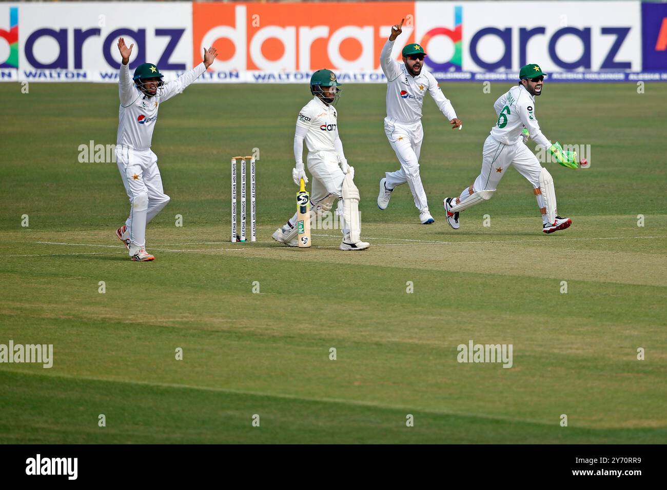 Bangladeshi batter Mominul Haque (2nd left) trap of LBW during Bangladesh and Pakistan first Test match day one at the Zahur Ahmed Chowdhury Stadium i Stock Photo