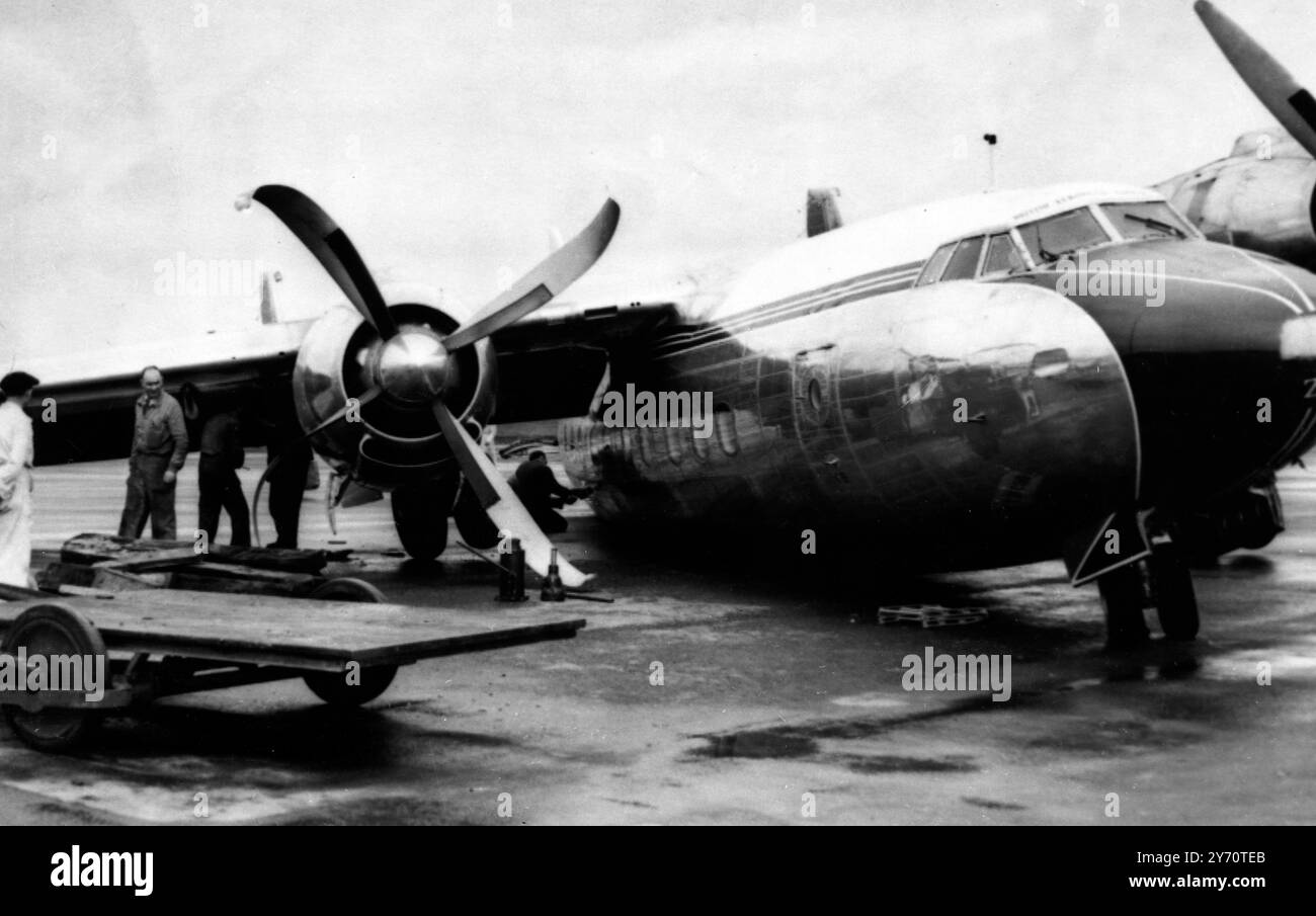 Paris : The Duke of Windsor was one of the 45 passengers aboard this BEA ' Elizabethan ' airliner who escaped without injury when the plane crashed after landing at Le Bourget airport , Paris , today.  The twin-engined craft had just landed from London and was taxiing in when the starboard wheel collapsed and the plane tipped over , damaged its wing tip and crumpling the propellers of the starboard engine .  The Duke , who was returning to France after a five-day private visit to London , was travelling with Mr James Gunn , the Royal Academician .  Before the Duke left London Airport he had sa Stock Photo