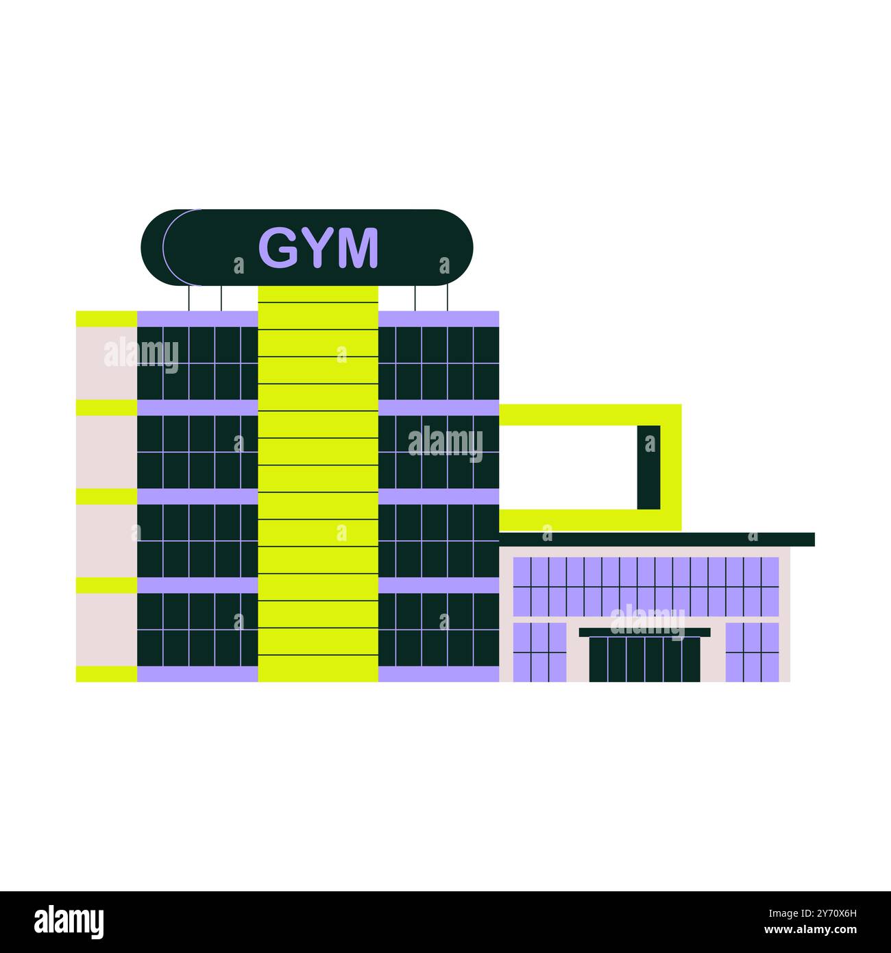 Gym building exterior in urban setting, flat vector illustration symbolizing fitness center, sports facility, and health club, isolated on white Stock Vector