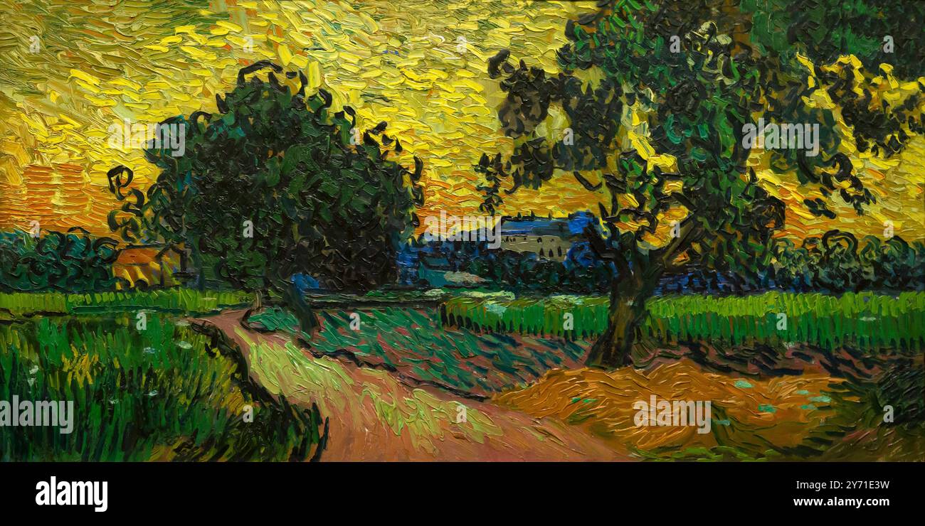 Landscape at Twilight, Landscape with Castle Auvers at Sunset, Paysage au Crepuscule, Vincent van Gogh, 1890, Stock Photo