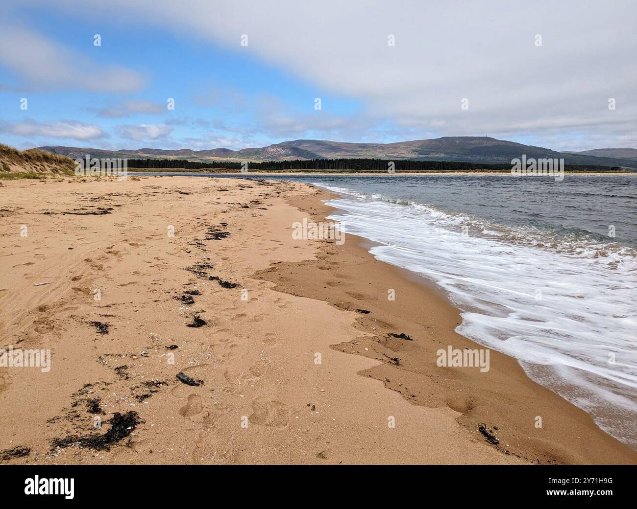 Embo beach looking north to the Loch Fleet National Nature Reserve, Sutherland, Scotland - Smartphone Captured Stock Image