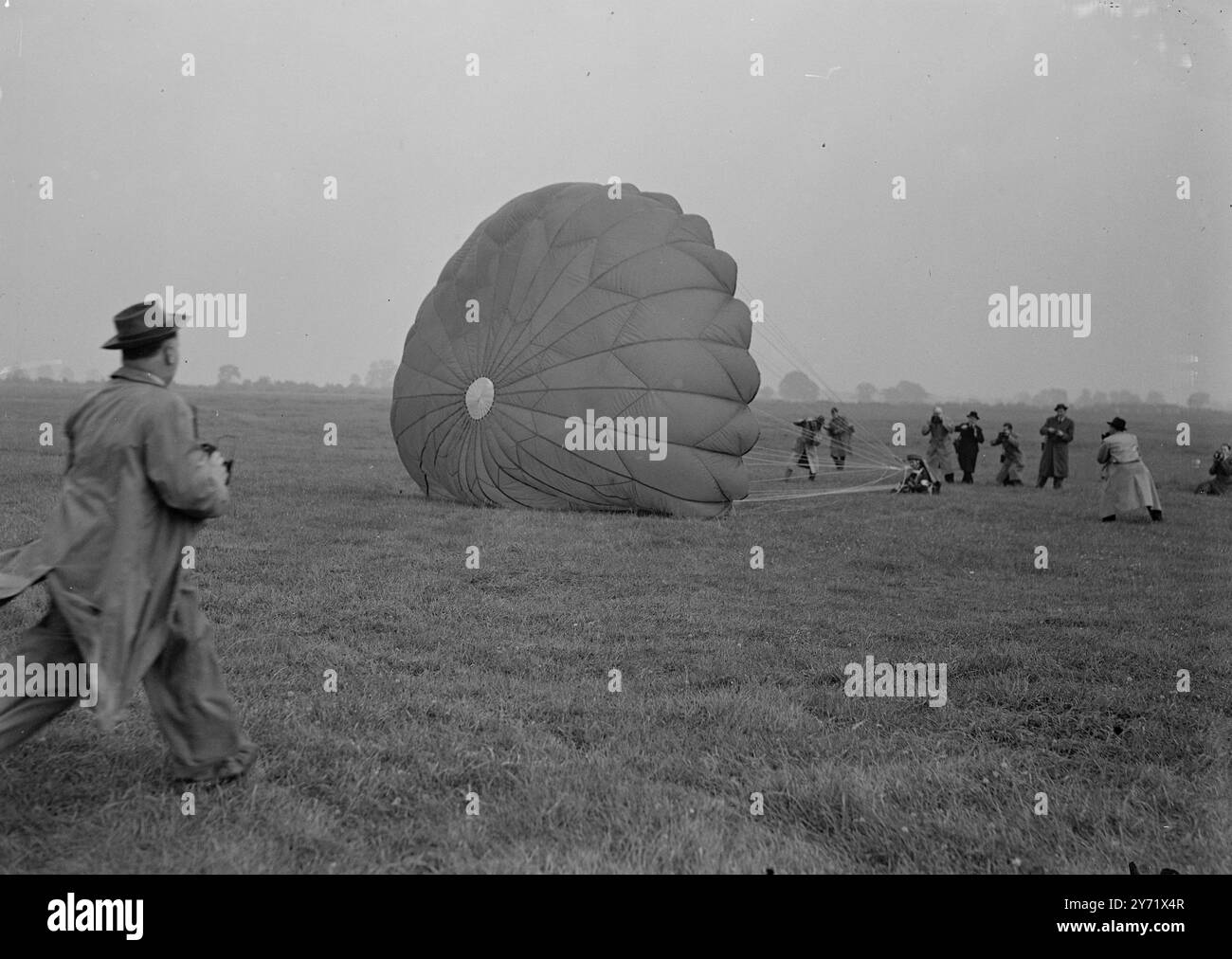 Parachute Training for Medical Team     The Royal Air Force has began the training of complete medical teams to drop by parachute to attend casualties not easily reached by ground parties. The first of these teams, consisting of one medical officer, four nursing sisters of the Princess Mary's RAF Nursing Service and four RAF nursing orderlies, are undergoing training at No. 1 Parachute and Glider School at Upper Heyford. The exercise is being attended by Air Vice Marshal  P.C Livingston, Director-General RAF Medical Services, and Miss HW Cargill, Marton-in-chief P.M.R.A.F.       7 October 1948 Stock Photo