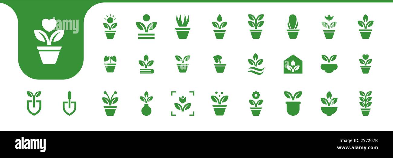 plant and flower pot flat icon set collection design vector Stock Vector