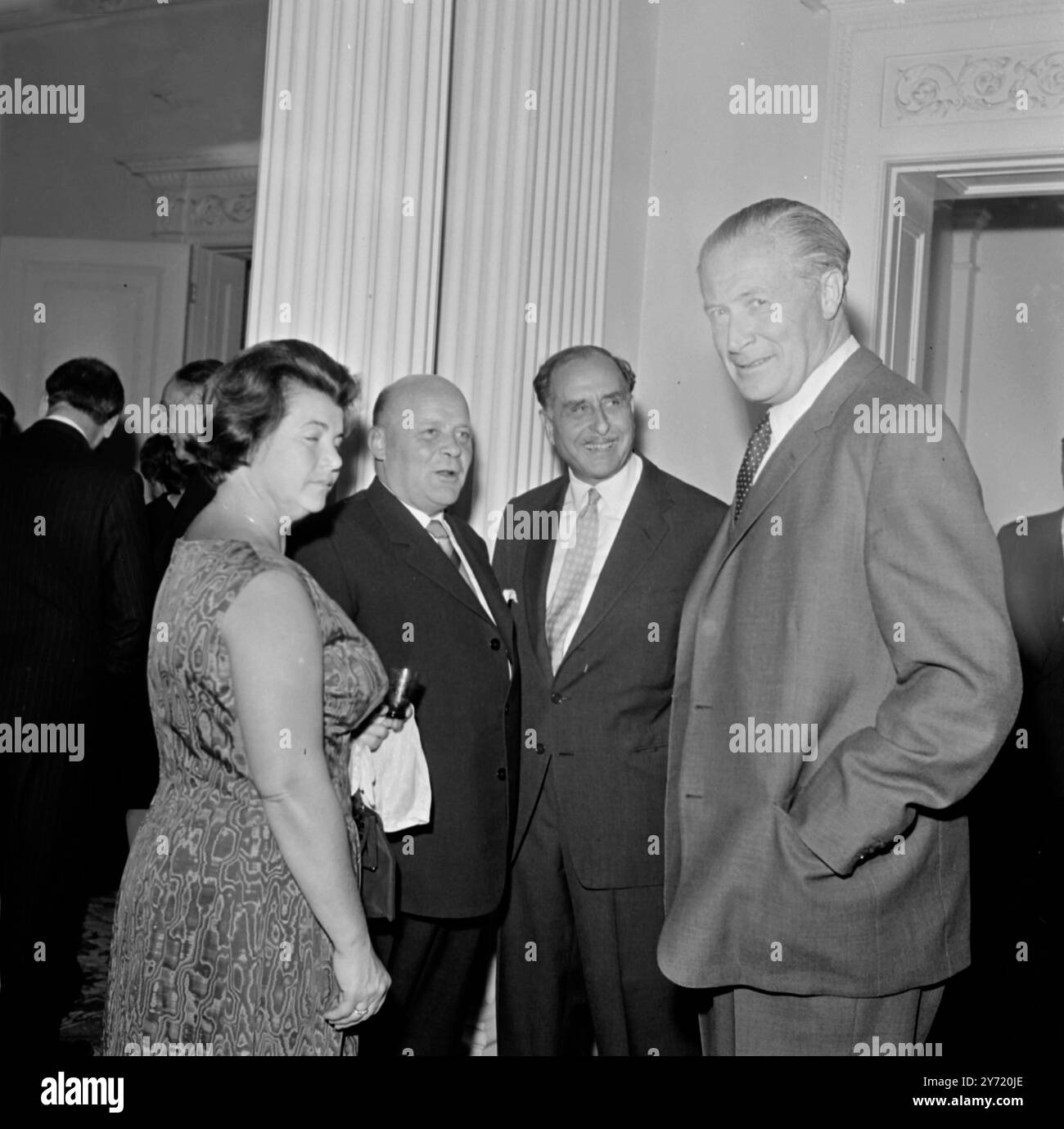 Duncan Sandys (right) with Johannes Schwarzenberg (2nd right), Austrian Ambassador to the UK, and Georg Prader, the Austrian Defence Minister, at a reception in the Austrian Ambassador's residence in Belgrave Square, London.15 September 1965 Stock Photo