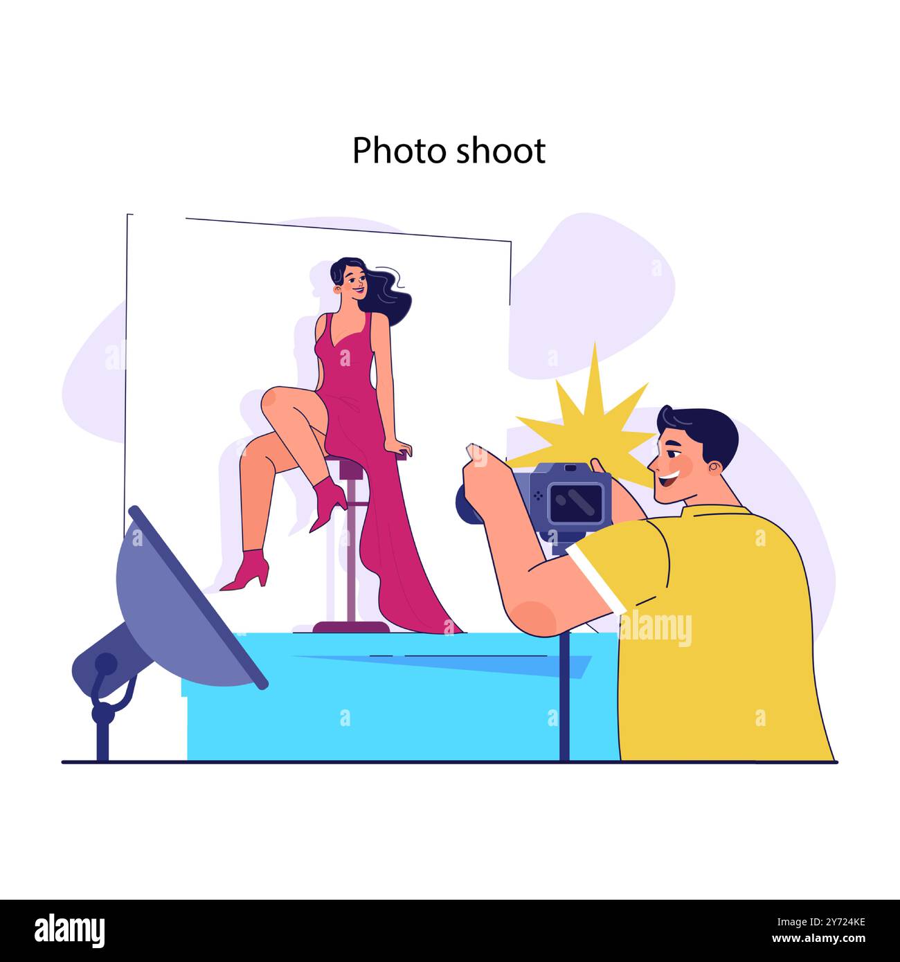 Celebrity routine. Movie or music star, famous person photoshoot. Photographer taking pictures of well-known female artist. Flat vector illustration Stock Vector