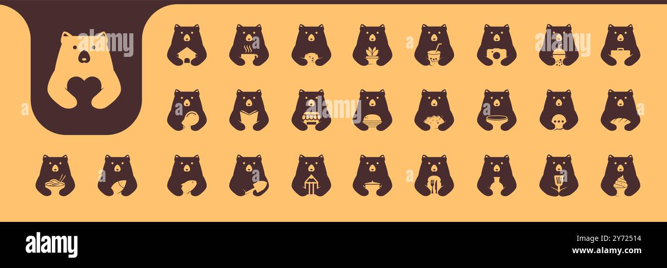 grizzly bear cute flat modern mascot cartoon icon set collection vector ...