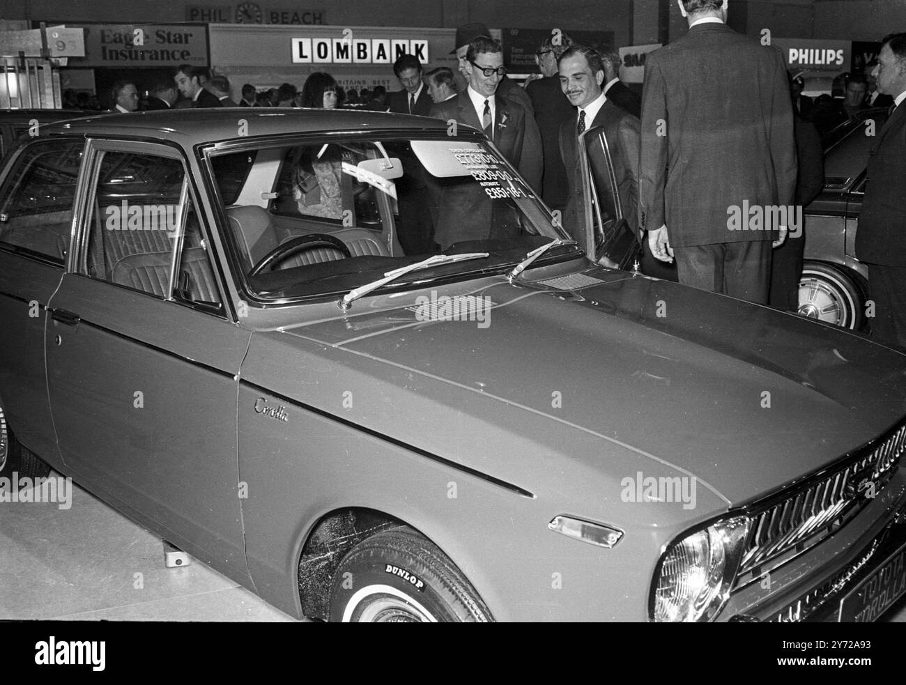 King Hussein of Jordan inspecting the Toyota Corolla from Japan at the International Motor Show at Earls Court , London . 16 December 1968 Stock Photo