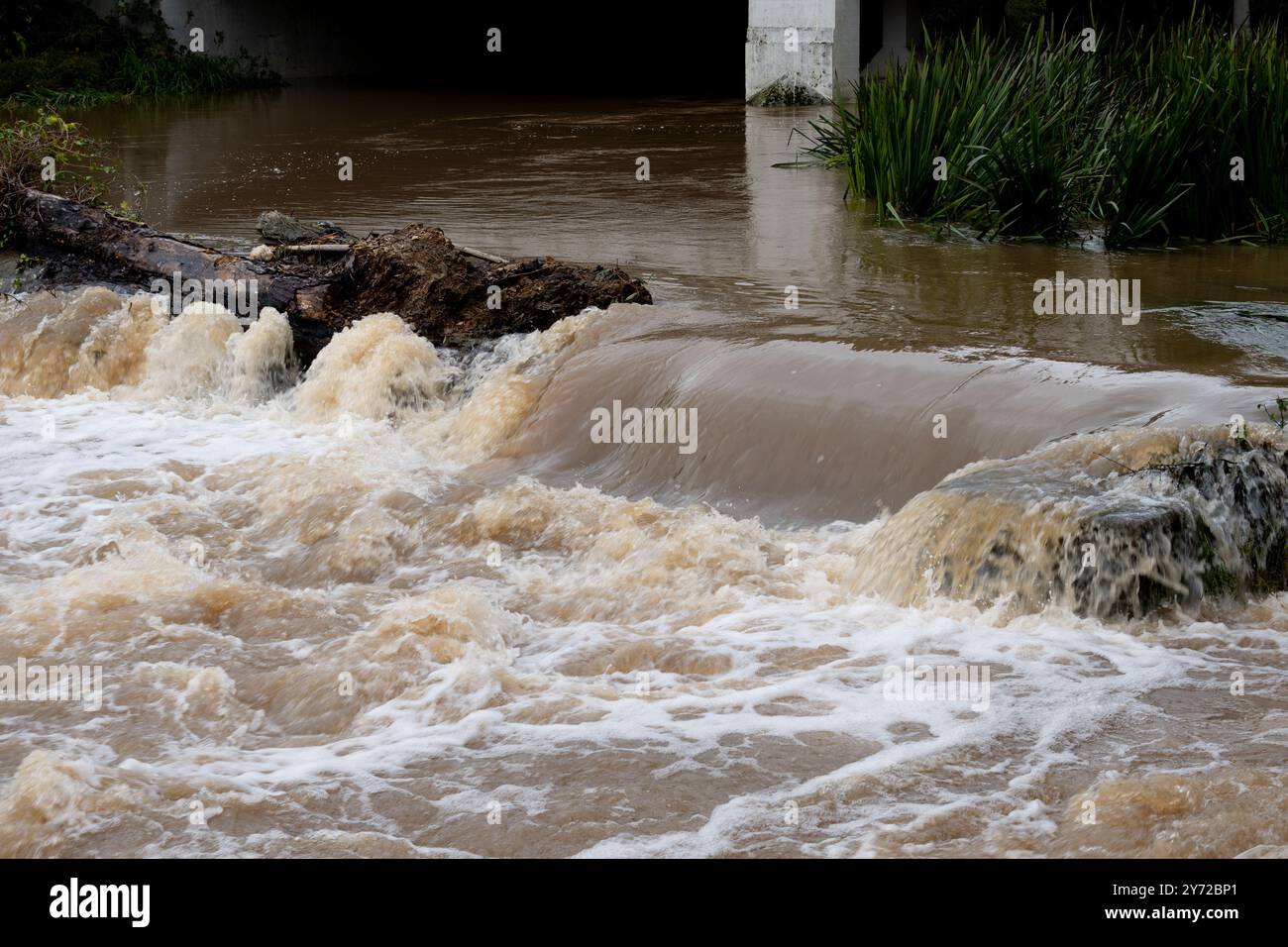 River Leam flood water at Princes Drive weir, Leamington Spa, Warwickshire, UK Stock Photo