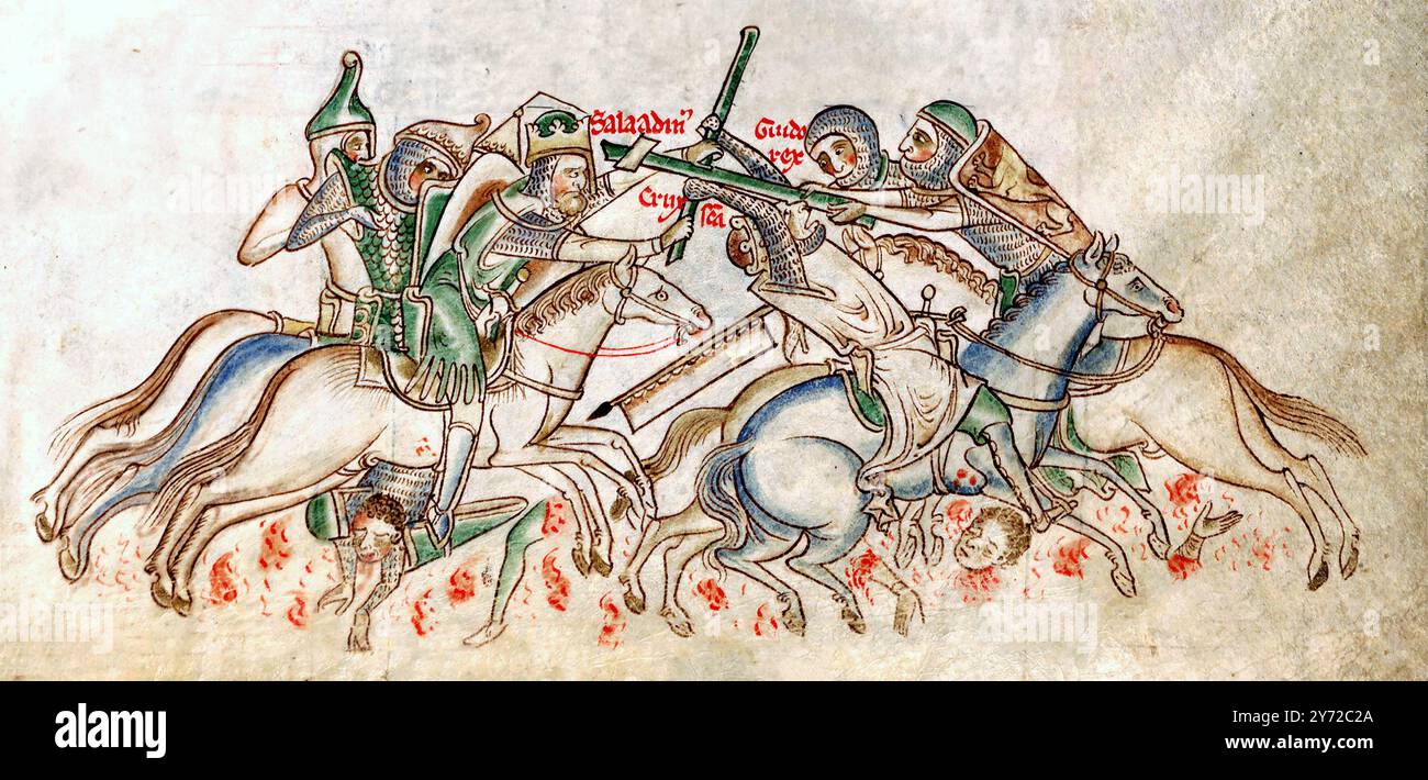 Battle of Hattin. The Battle of Hattin, from a 13th-century manuscript of the Chronica Majora depicting the capture of the True Cross by Saladin. The Battle of Hattin took place on 4 July 1187, between the Crusader states of the Levant and the forces of the Ayyubid sultan Saladin. Stock Photo