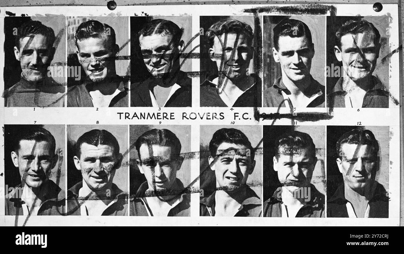 The following are the players from whom Tranmere Rovers football club will probably be picking for their first 11 for the current season. 1.  G.H. Payne, goalkeeper.  2.  E.V.Hornby, left - back.  3.  L. Hodgson, right - back.  4.  G.J. Alldis, right - half.  5.  H. Bell, Centre - half.  6.  H.Malcolm, left - half.  7.  C. Leeming, outside - left.  8.  F. Curran, inside - left.  9.  H. Atkinson, centre - forward.  10.H.Lamb, inside - right.  11.D.S.Harlock, outside - right.  12.T.R. Jones, outside - left.   30 September 1947 Stock Photo