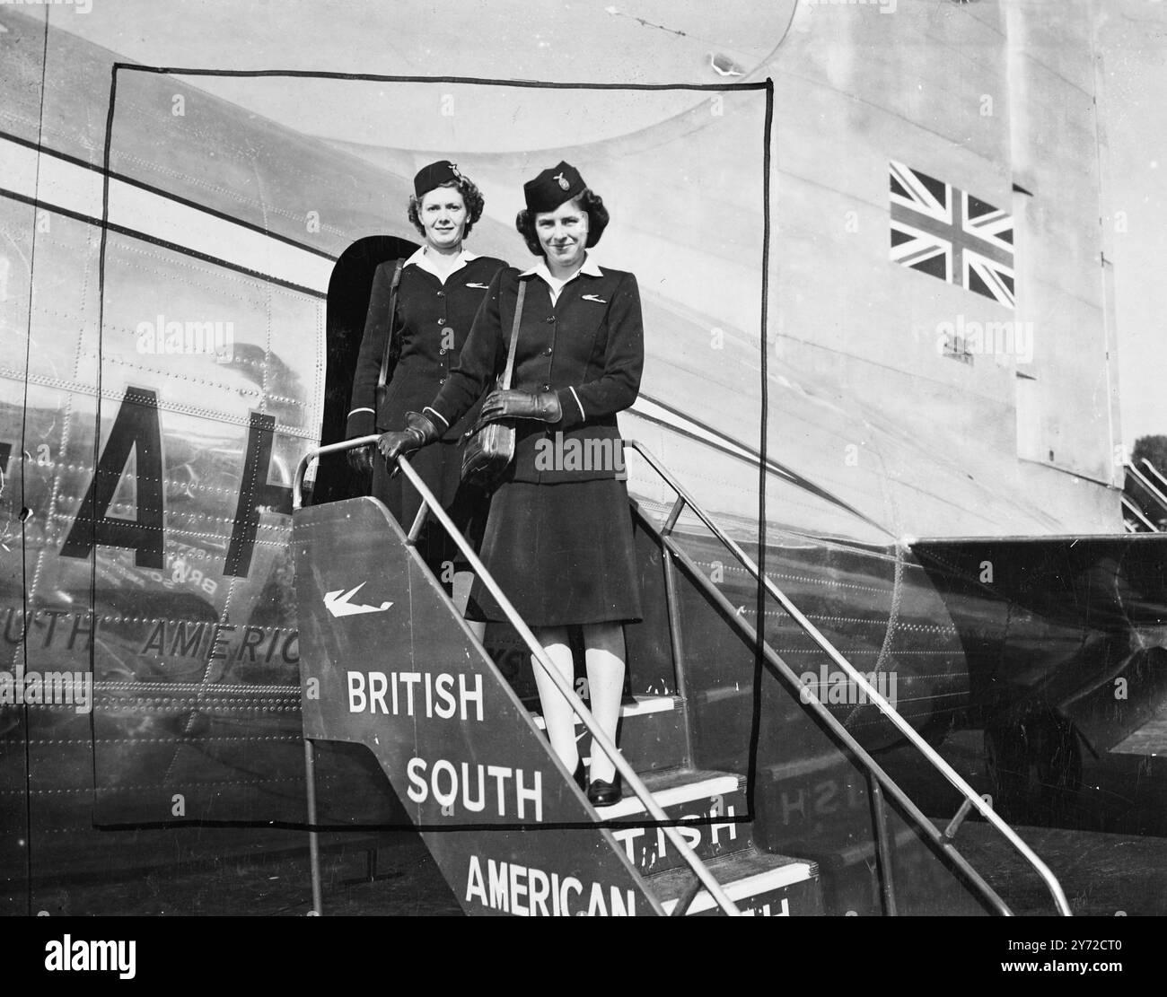 The Star Lion Tudor IV - first of Britain's long-range airliners to go into passenger service - took off London airport this morning on his first trip to Buenos Aires. The aircraft, in which 27 passengers travelling, made a night flight from Woodford, Cheshire, to London Airport last night after 25 men had worked non-stop for several days to install four 1,770 hp Merlin engines. At the controls is  vice Marshal Donald 'Pathfinder' Bennett, who tested the aircraft performance in a trial flight yesterday and on her way to London. The liner is a modified version of the Tudor I, the delay of whose Stock Photo