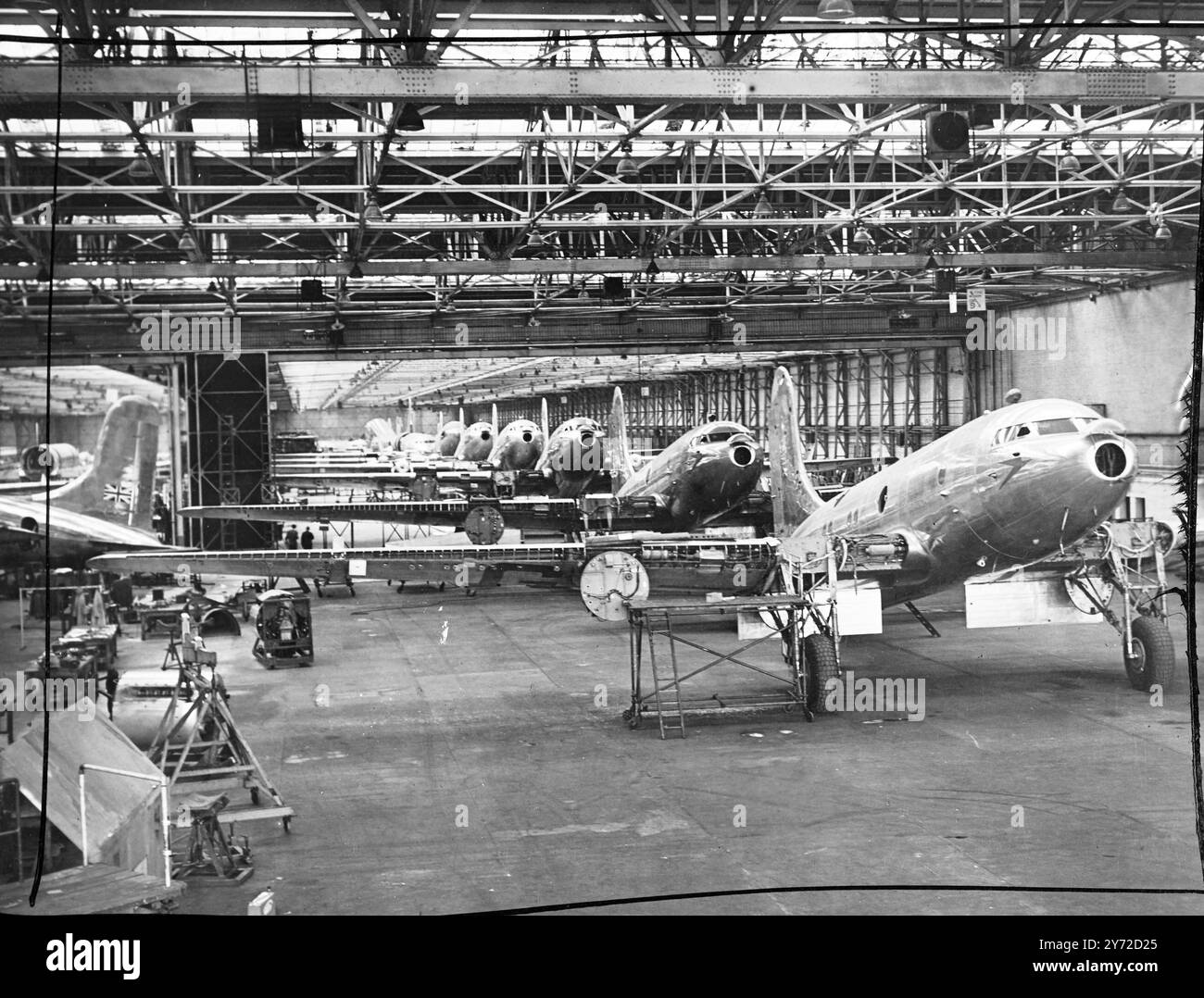 Tudor I to be not to be. A cause of major controversy and a number of rumours has been the recent statement made in the press that the British Overseas Airways had rejected the £2 million fleet of Tudor I airliners built by A V Roe and Co, of Manchester. So far BOAC has not denied the statement, but states that the future of the Tudor I's is still under discussion. In the meantime 16 cheerleaders are awaiting delivery at the aerodrome of A V Roe and Company, at Woodford, Cheshire. Sir Roy Dobson, managing director of the firm has stated that 'there is nothing wrong with the Tudor I, except the Stock Photo