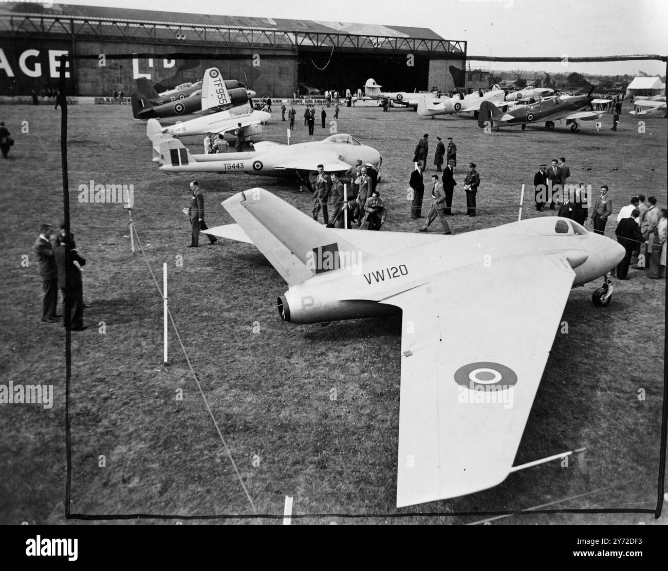 World's greatest air show will boost British exports. 6000 guests from all over the world are attending the world's greatest aircraft exhibition and fly display which opened today at the Handley Page Aerodrome at Radlett, Herts. Over 70 different aircraft, ranging from giant airliners, jet propelled military aircraft and private owner planes to gliders, there to attract the foreign buyers. The show is organised by the Society of British Aircraft Constructors.  Photo shows, a view of the aircraft on show at Radlett today (Tuesday). In the foreground is a De Havilland 108 Vampire, with a Desford Stock Photo