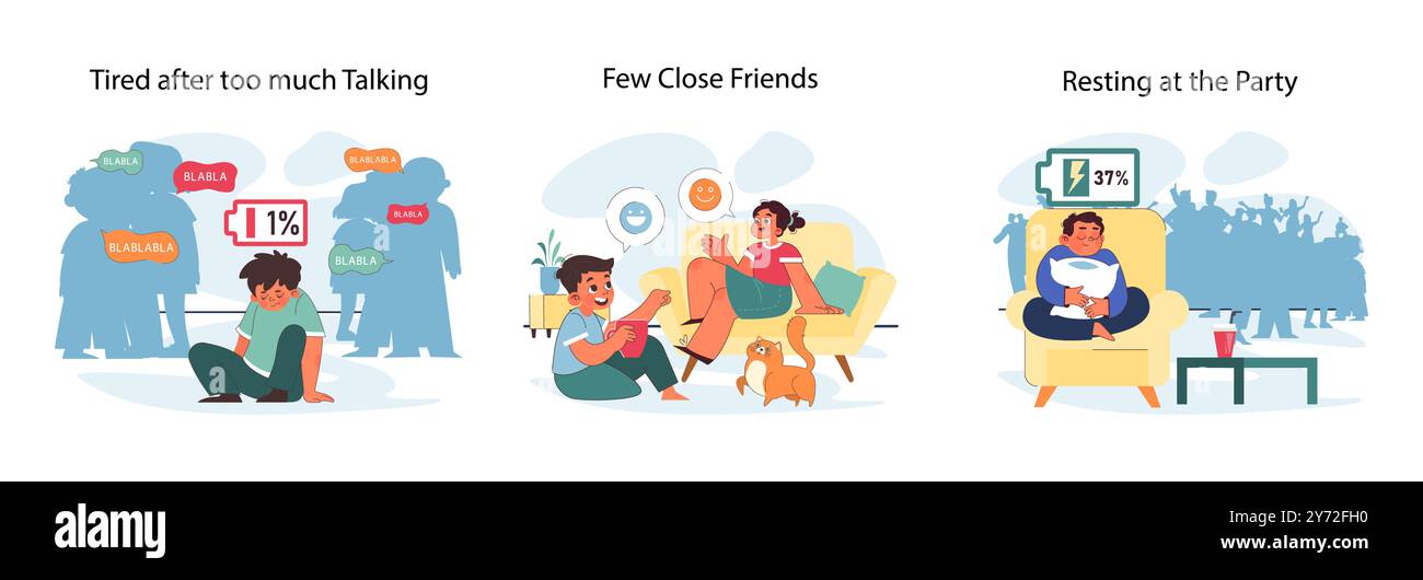 Introverted child set. Antisocial kid who prefers to spend time alone ...