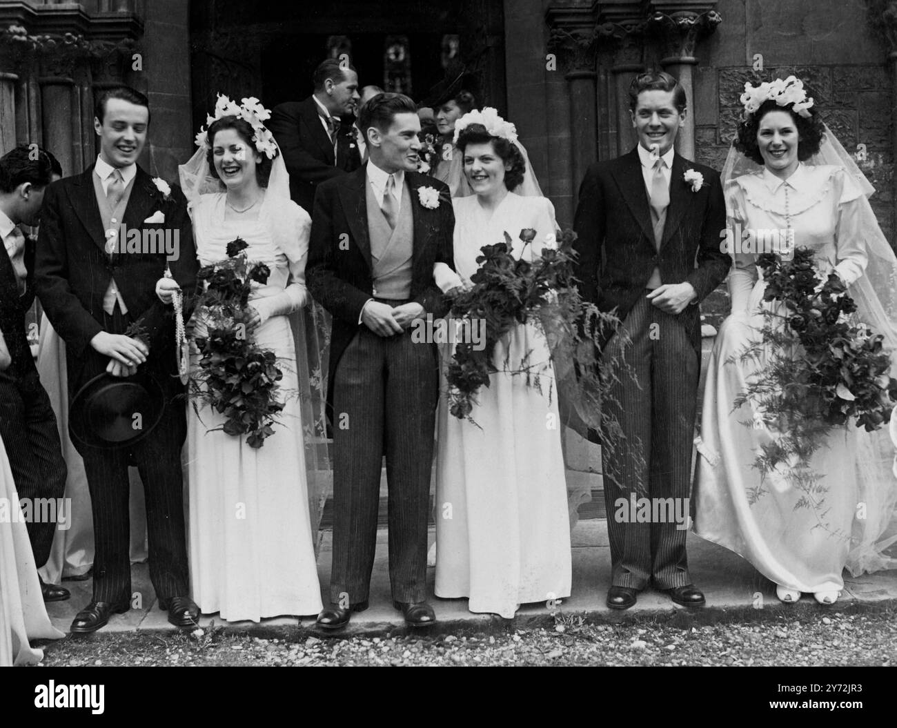 The three Pepper sisters of Fortisgreen, East Finchley, were brides in a tripple wedding at Christ Church, Southgate, today. Peggy(22), June(21), and Pat(20), daughters of Dr W.G.S.Pepper, had a white wedding with six bridesmaids in blue and three best men. Two of the bridegrooms are brothers; Captain Derek John Bentham, who served with the parachute Regiment, was married to Peggy, his brother Cpatian Kenneth Peter Bentham , who served in the far east withthe Hyderabad regiment, was married to June. Odd man out among the bridegrooms was Flight Lieut. John Gregory, DFO, of Grange park, got marr Stock Photo