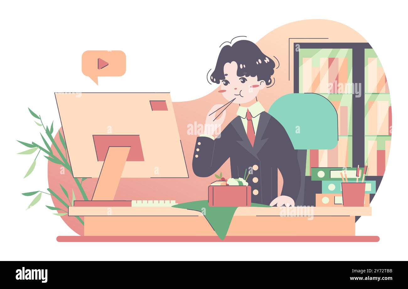 Asian man eating food at office desk. Busy clerk working oncomputer ...