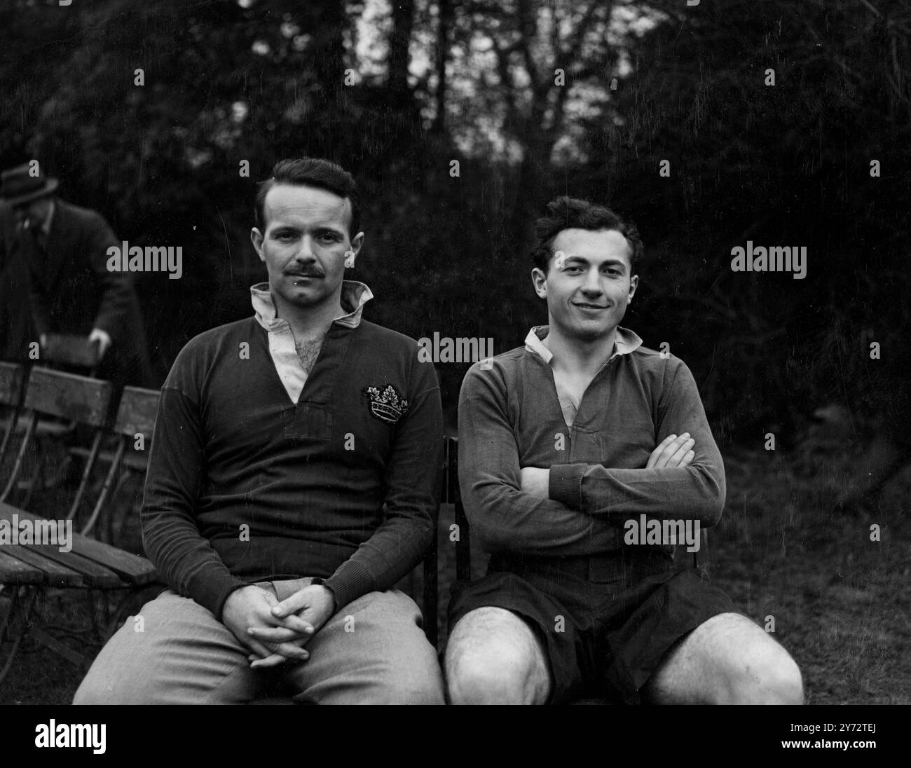 Oxford University Rugby Team Harcout (left) and Swarbrick (right)  1946 Stock Photo