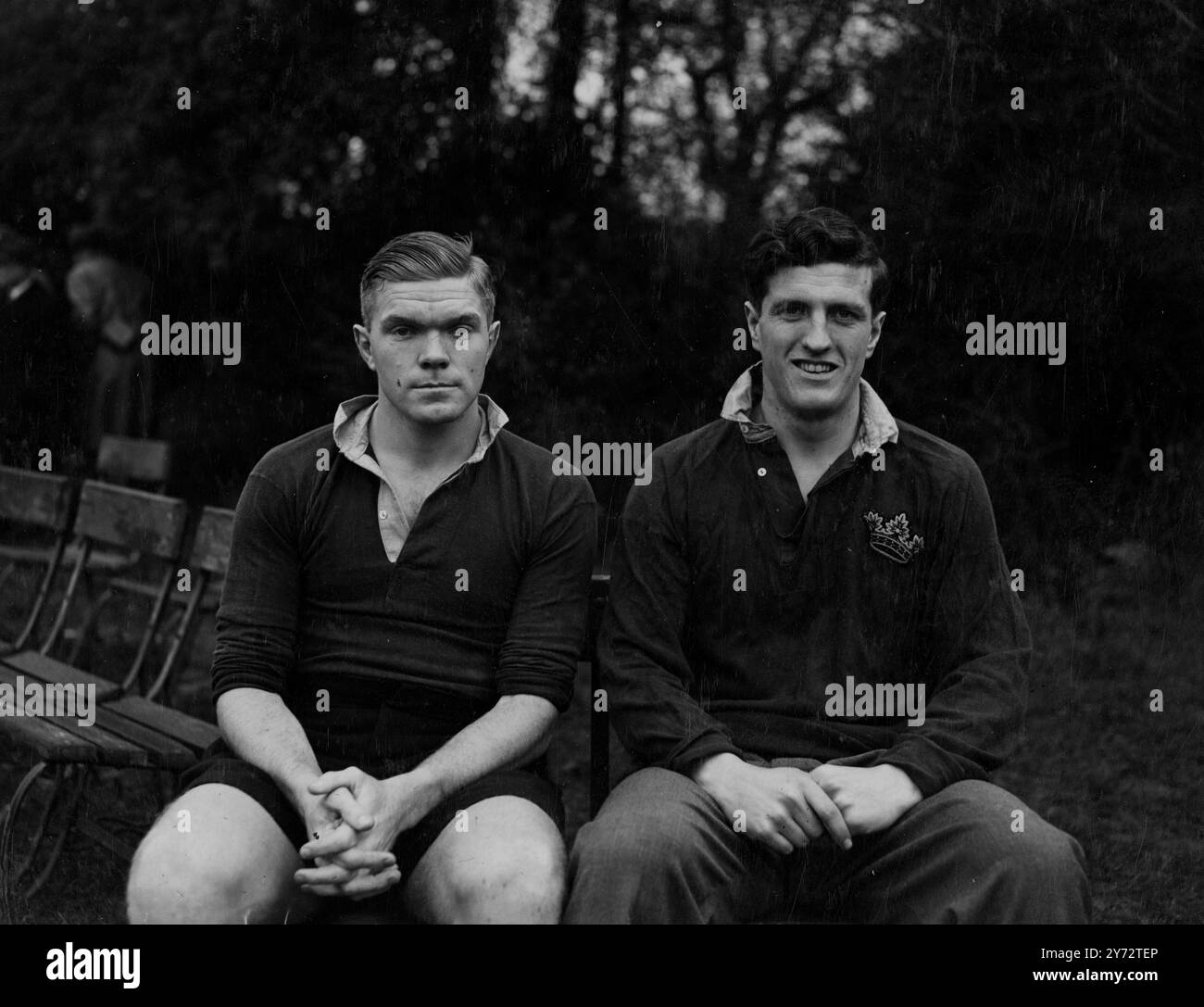 Oxford University Rugby Team Newman (left) and Moore (right)  1946 Stock Photo