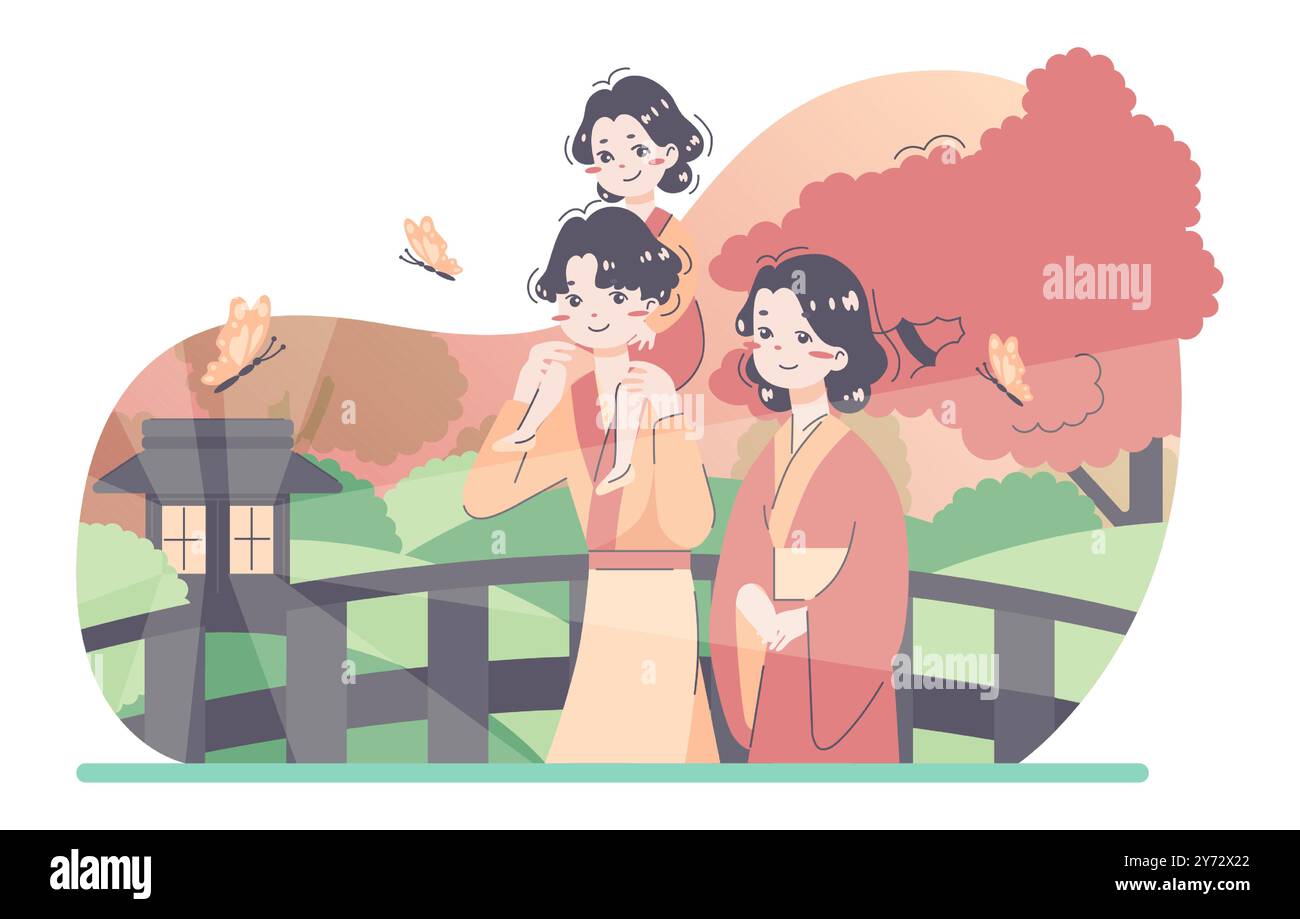 Japanese family outdoors. Happy asian family in traditional clothes enjoying spending time together on a walk in the park. Beautiful spring or summer landscape. Flat vector illustration Stock Vector