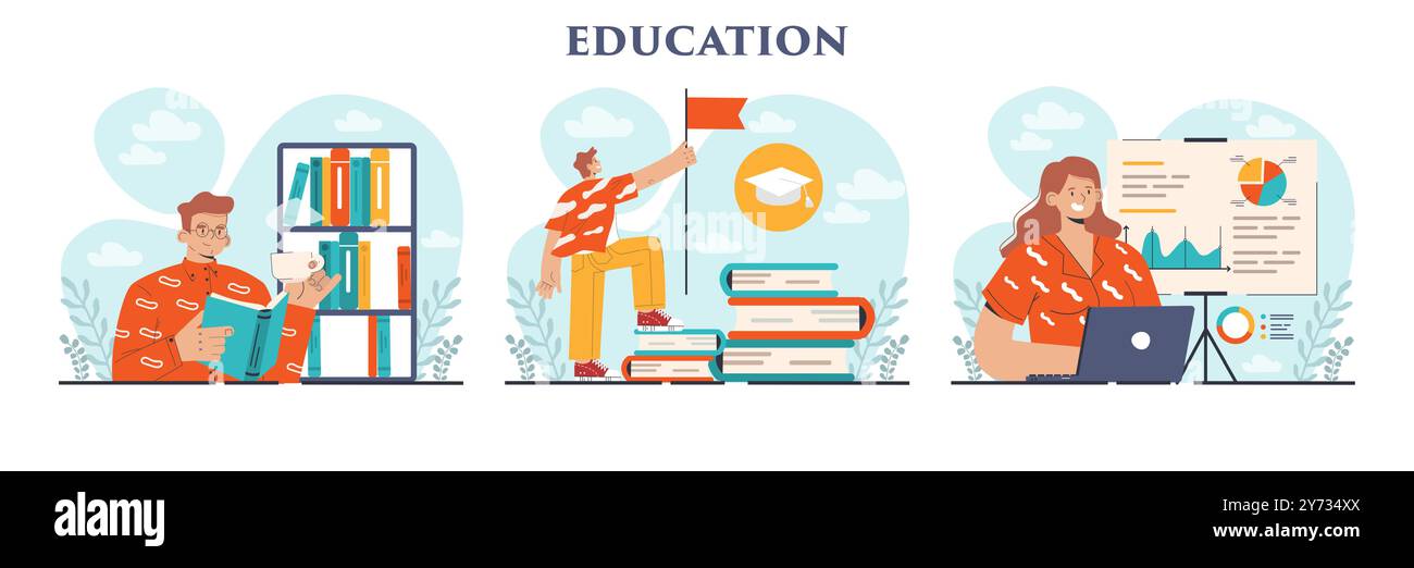 Knowledge Increasing Education set. Idea of study and gaining academic knowledge. Increasing ...