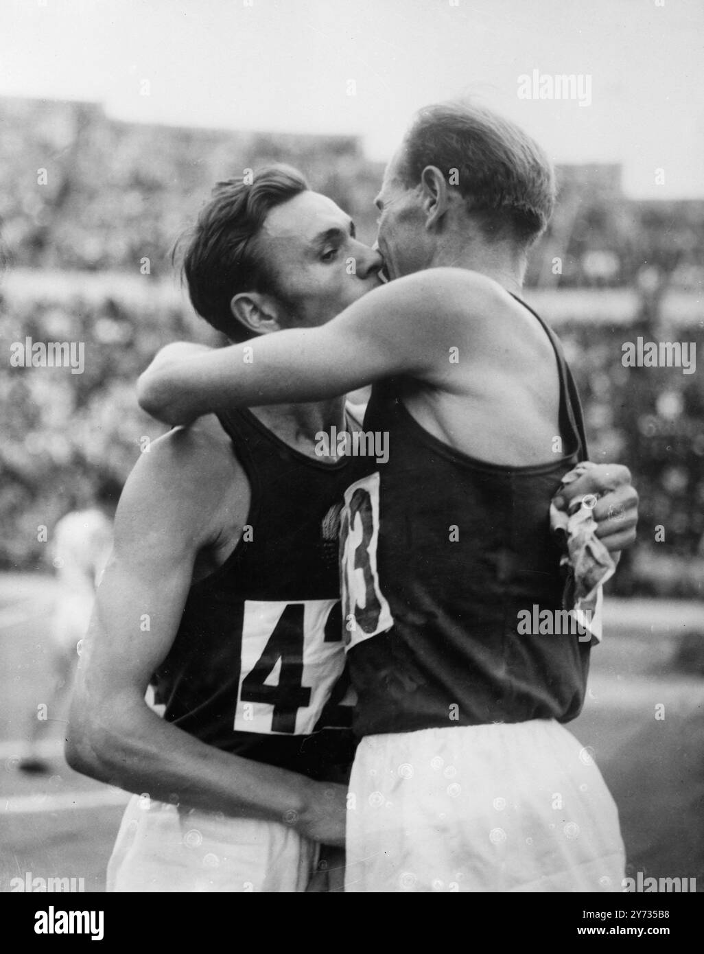 Emil Zatopek hugs Russia's Anoufriev, who had just beaten him in heat 3 of the 5000 metres event at Helsinki. Zatopek was third. When Zatopek won the first gold medal of the 1952 Olympic games on Sunday in the 10000 metres, it was Anoufriev who came third.  22 July 1952 Stock Photo