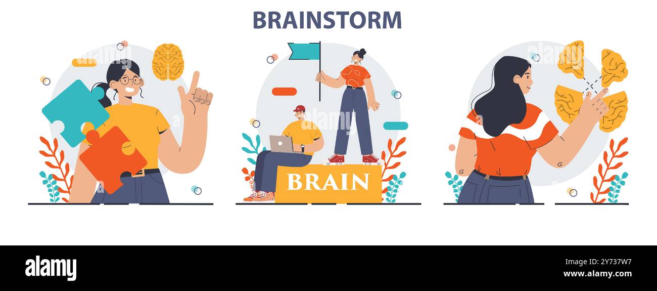 Brainstorm set. New idea generation in a teamwork discussion. Creative ...