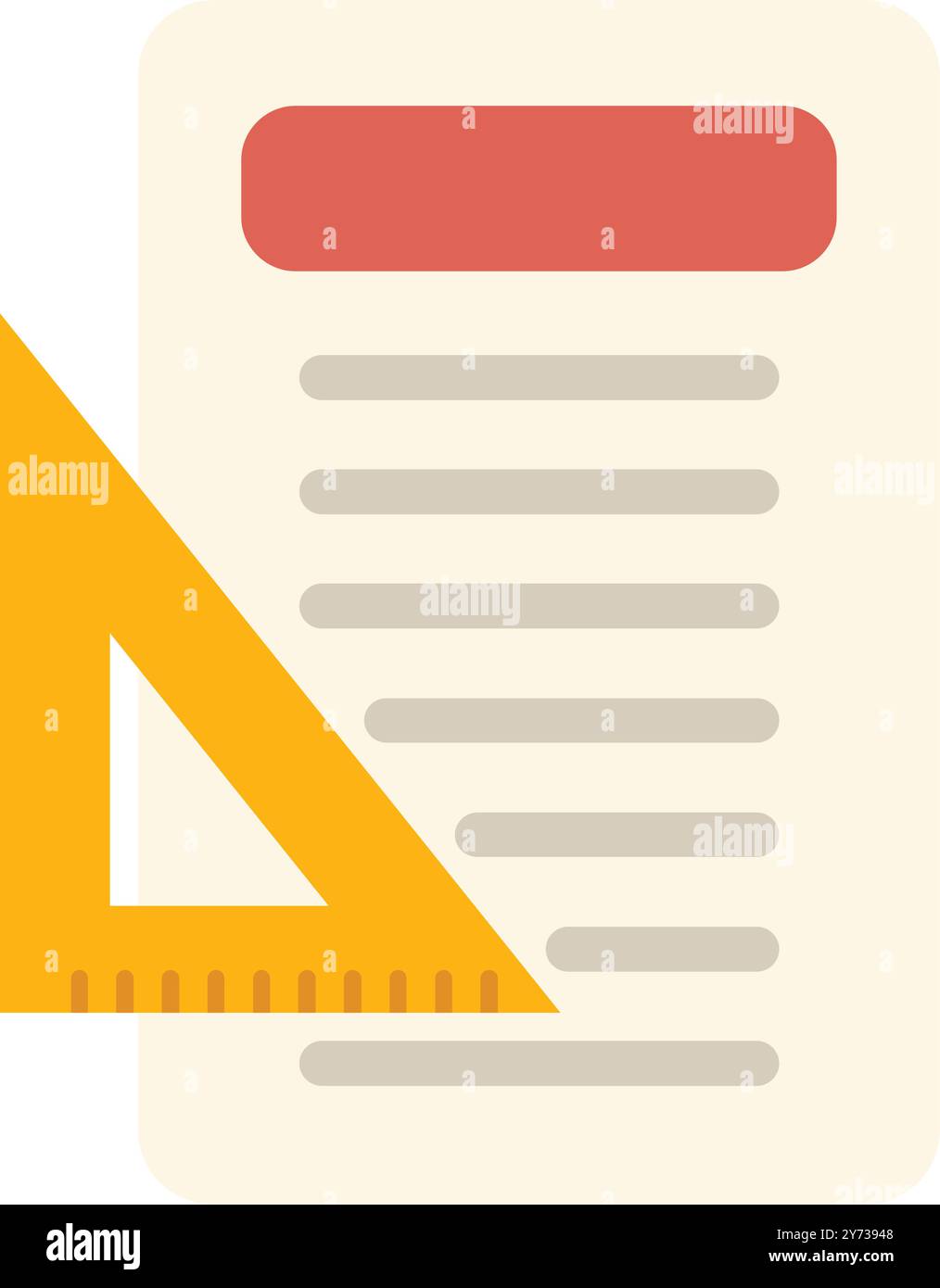 This vector illustration shows a yellow set square partially covering a document with text Stock Vector