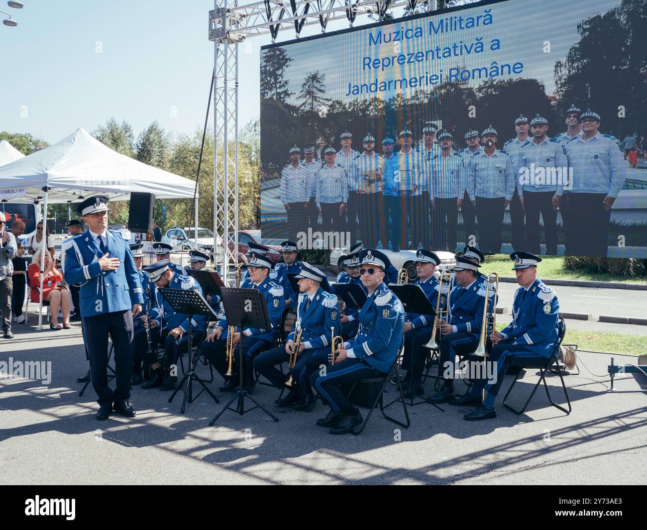 Bucharest, Romania - September 19th: 2024 Community Event at European Mobility Week. Romanian Military Band Performing at Outdoor Event Stock Photo