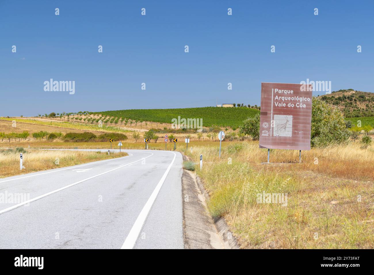 Road with panel, Parque Arqueologico Vale do Coa (Coa valley), UNESCO site, Northern Portugal, Portugal Stock Photo