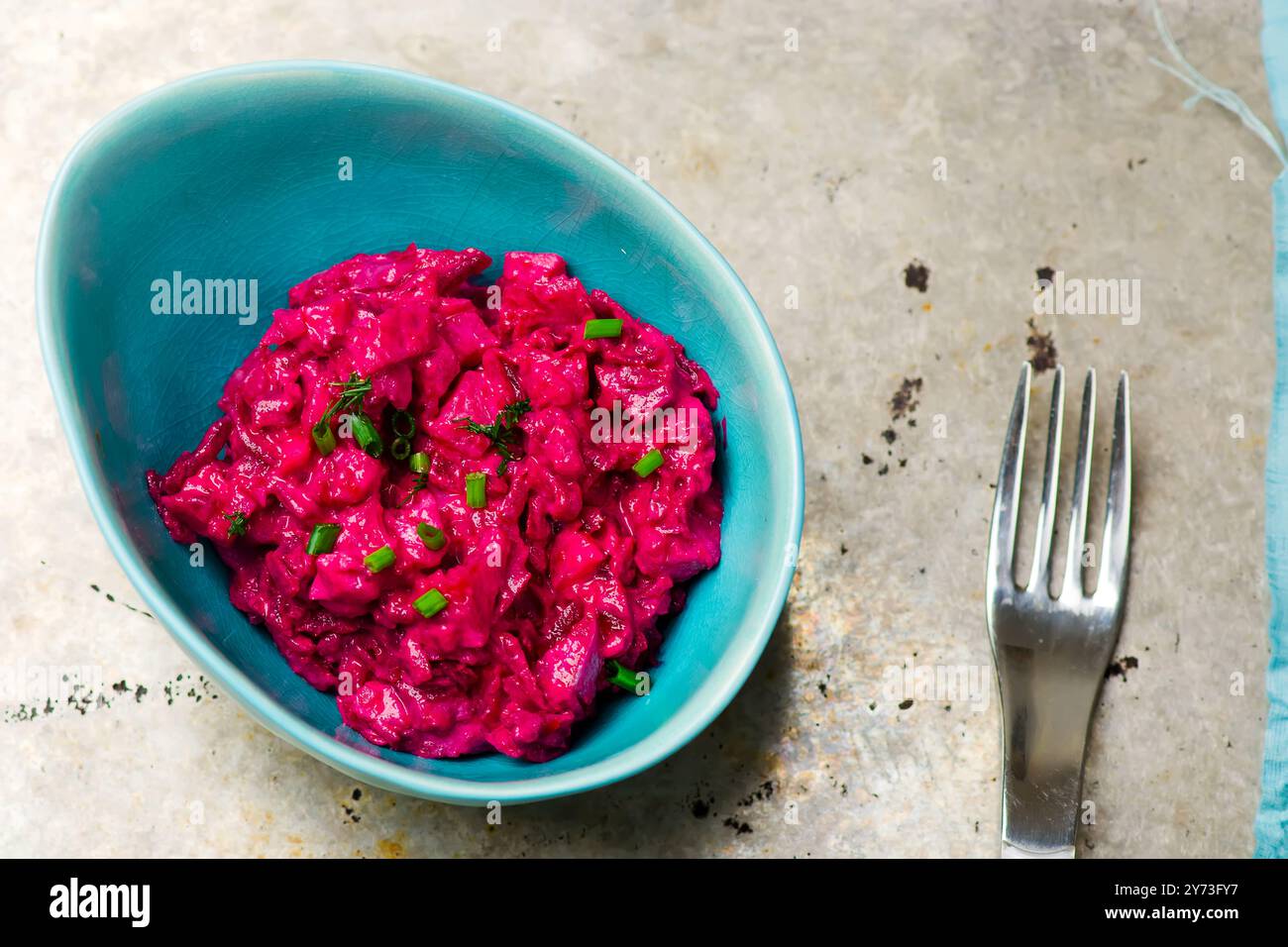 the Swedish salad from a herring and beet. top view. selective focus Stock Photo