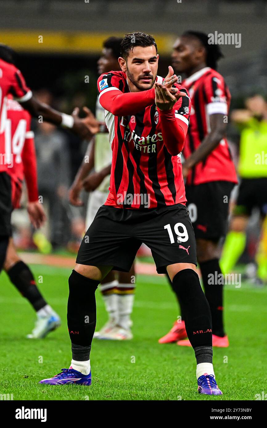 AC Milan's French defender #19 Theo Hernandez celebrates after scoring his team second goal during the Italian Serie A football match between AC Milan and Lecce at San Siro Stadium in Milan, Italy on September 27, 2024 Credit: Piero Cruciatti/Alamy Live News Stock Photo