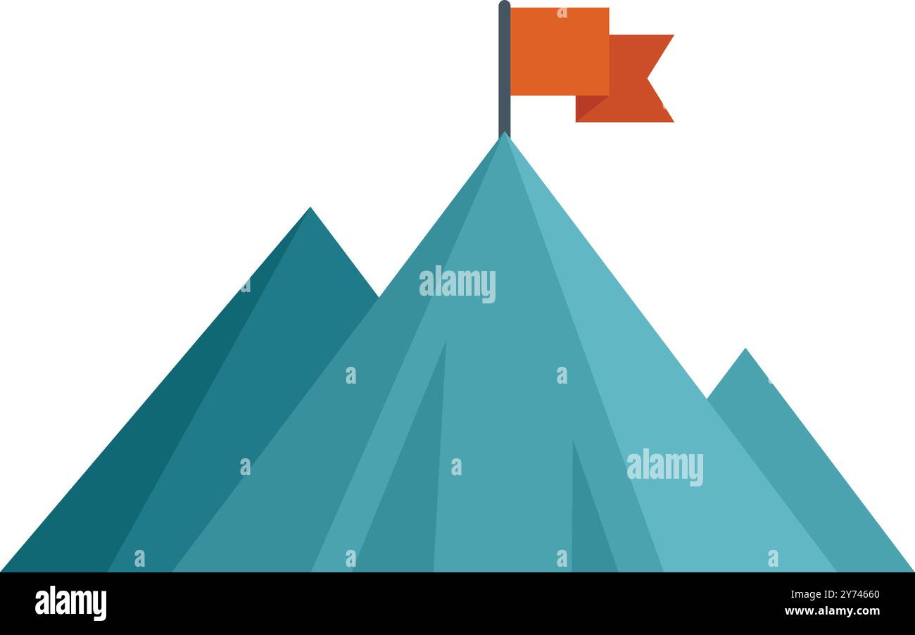 Red flag waving in the wind on a mountain peak representing achieving goals Stock Vector