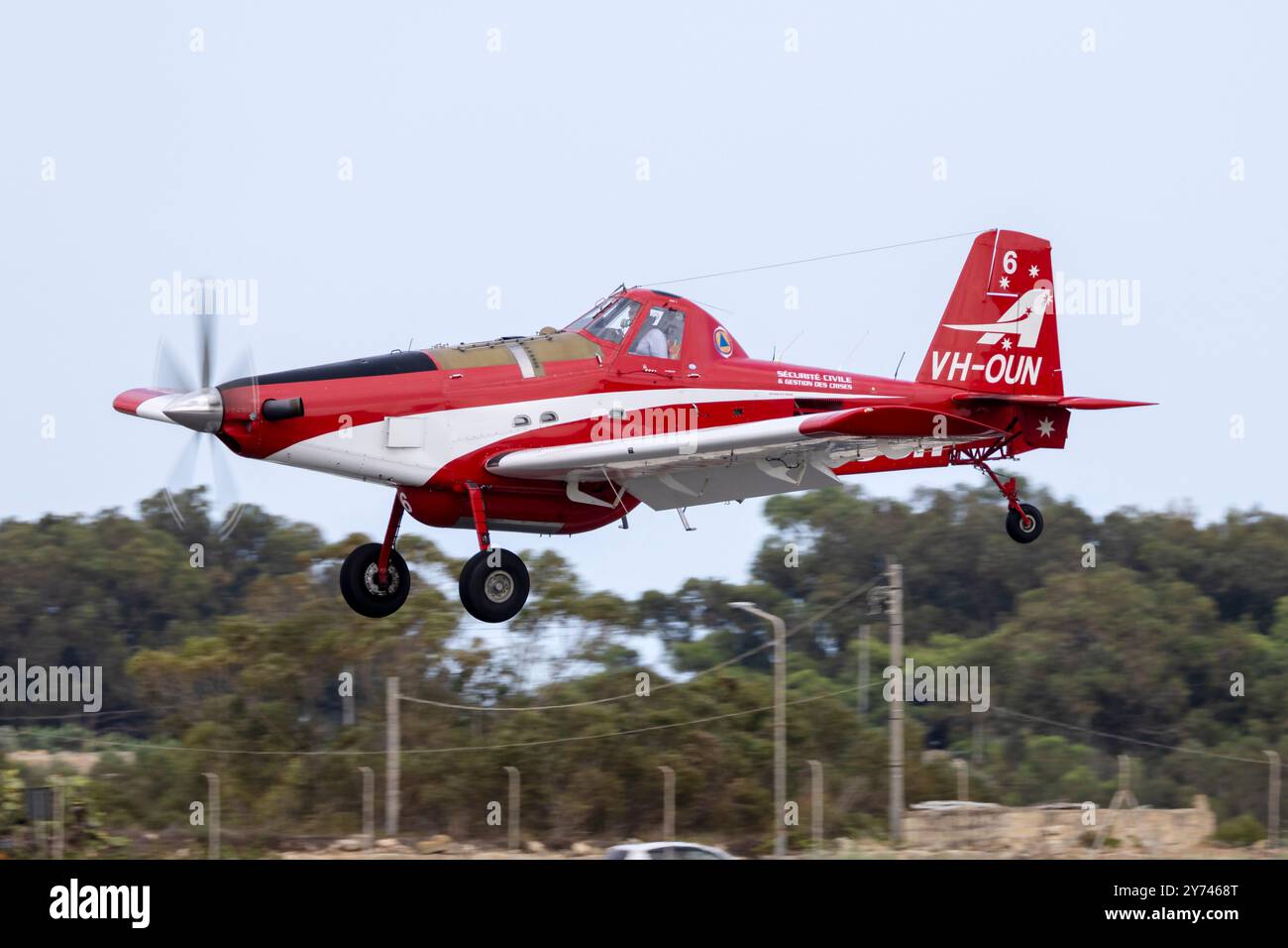 Aerotech Australasia Pty Ltd Air Tractor AT-802A (REG: VH-OUN) landing for a tech stop on ferry flight. Stock Photo